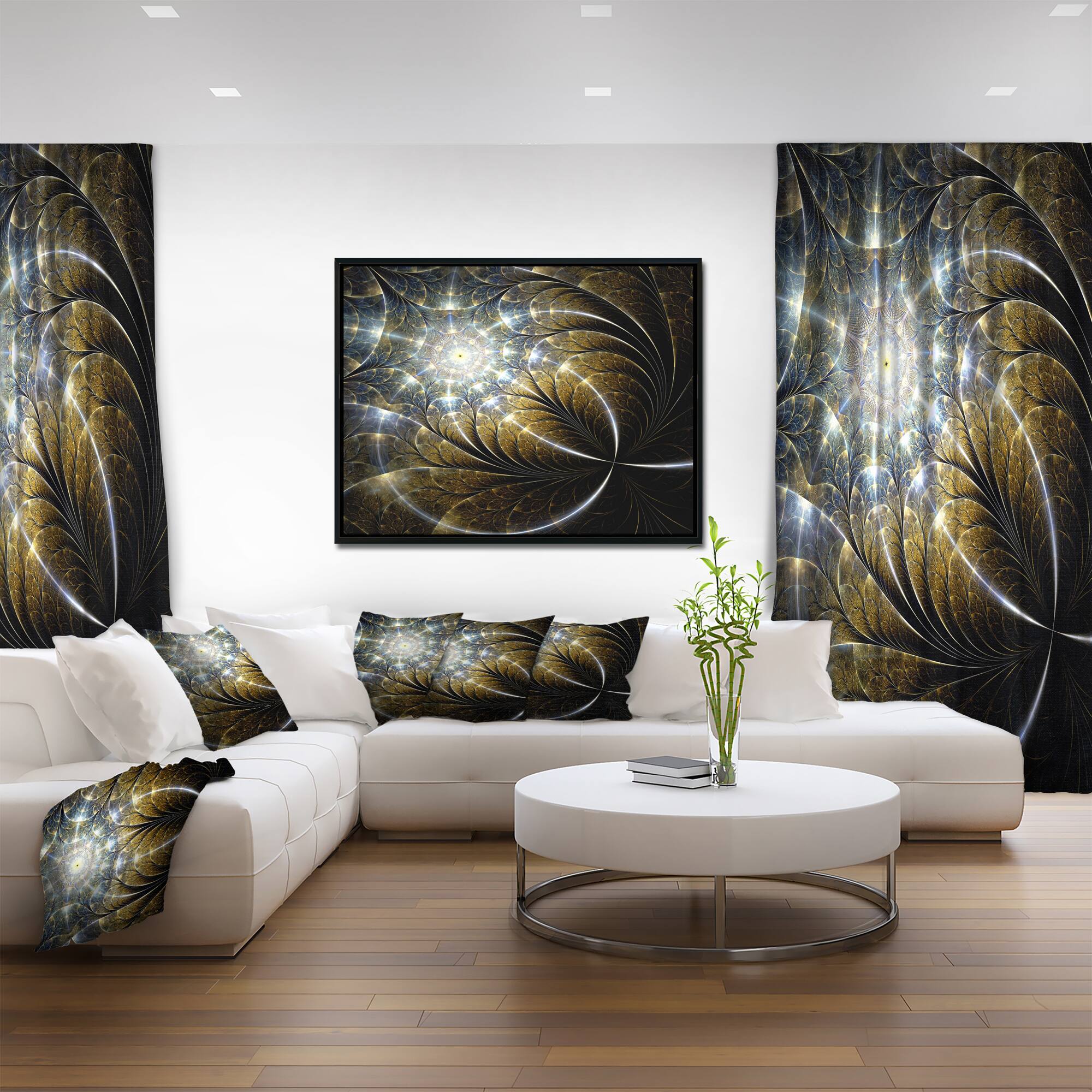 Designart - Symmetrical Dark Golden Fractal Flower - Abstract Canvas Print in Black Frame
