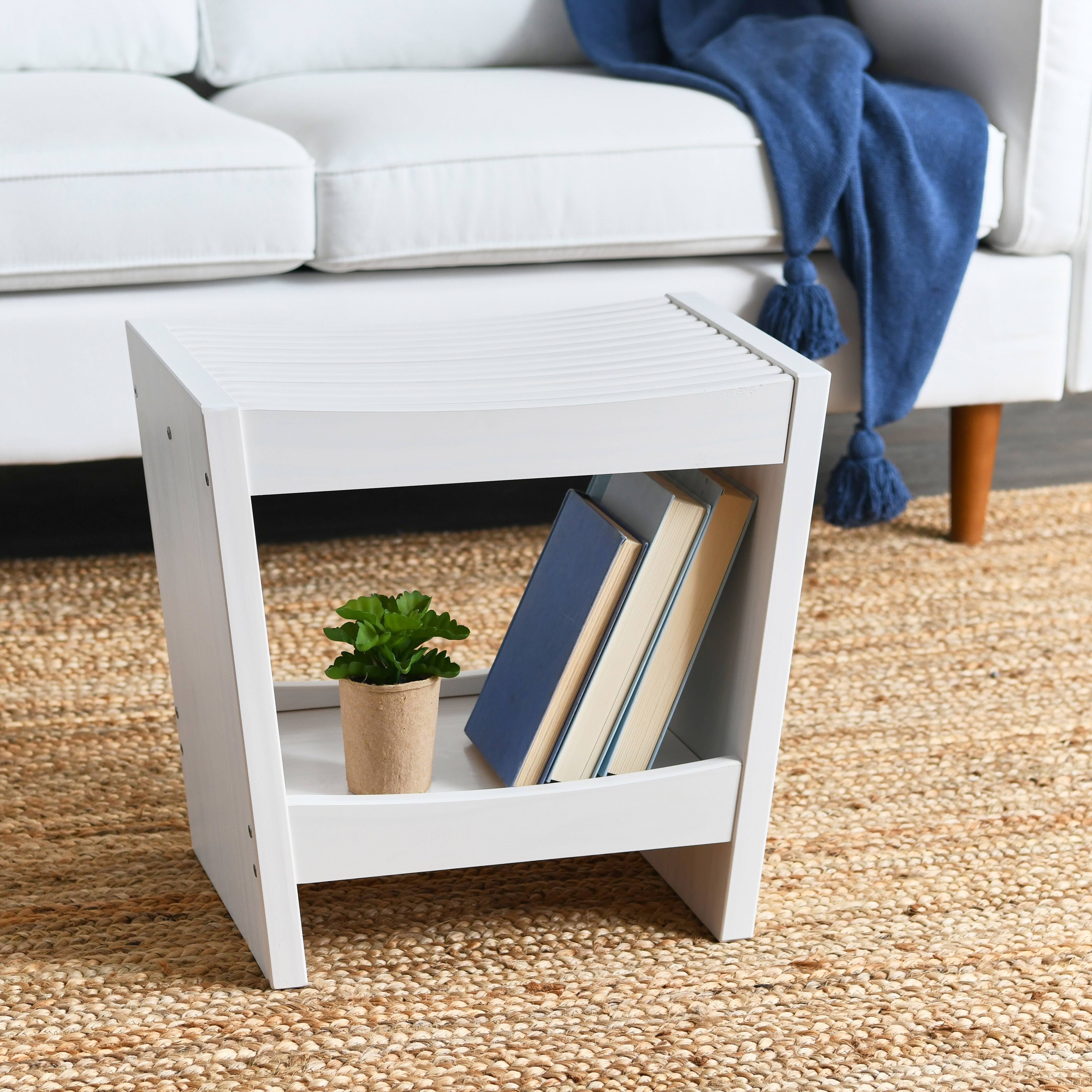 Hello Honey&#xAE; 18&#x22; Modern Slatted Solid Wood Stool With Storage Shelf