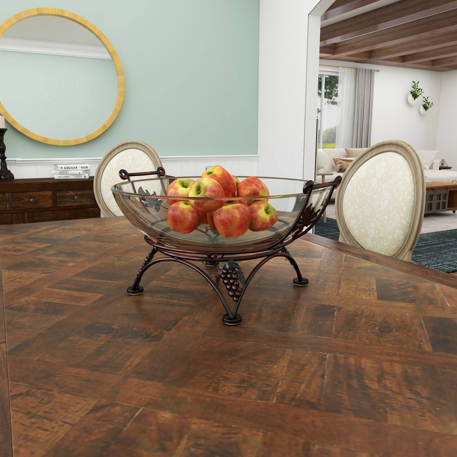 19" Clear Tempered Glass Kitchen Serving Bowl with Copper Metal Grapes Base