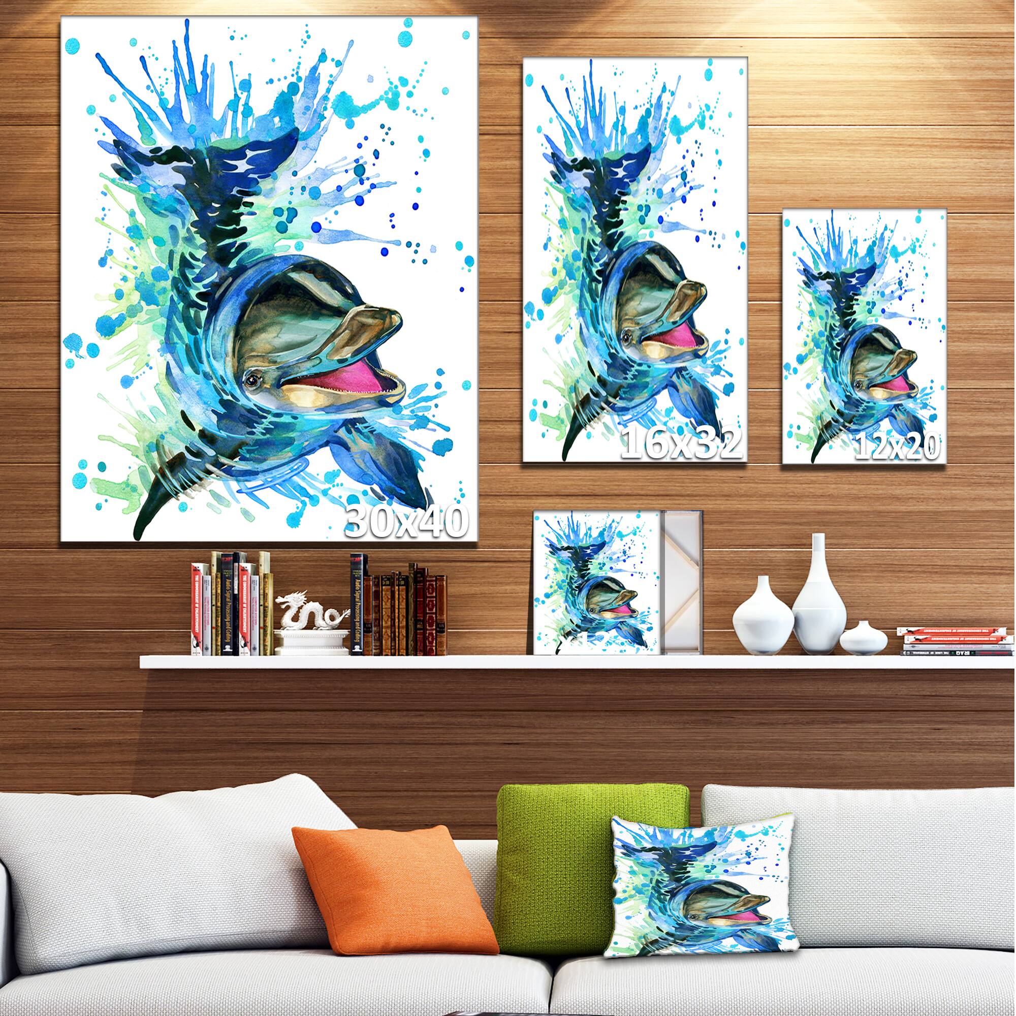 Designart - Large Blue Dolphin Watercolor - Contemporary Animal Art Canvas