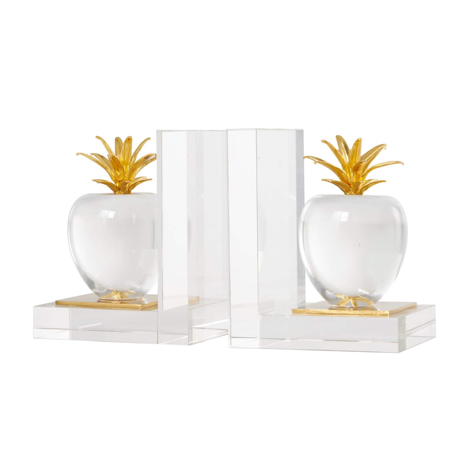 6&#x22; Clear Crystal Fruit Apple Bookends with Gold Leaves Set