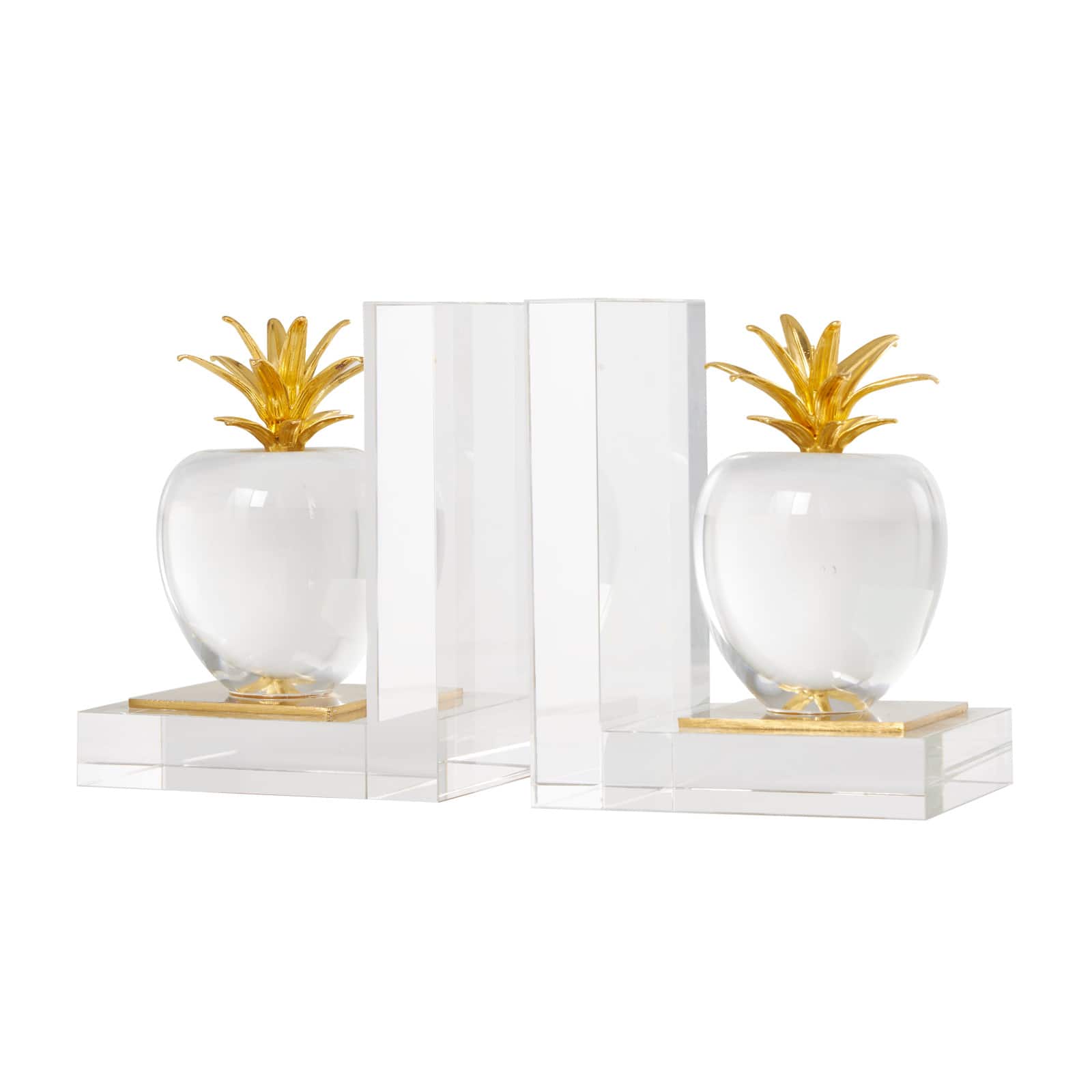 6" Clear Crystal Fruit Apple Bookends with Gold Leaves Set