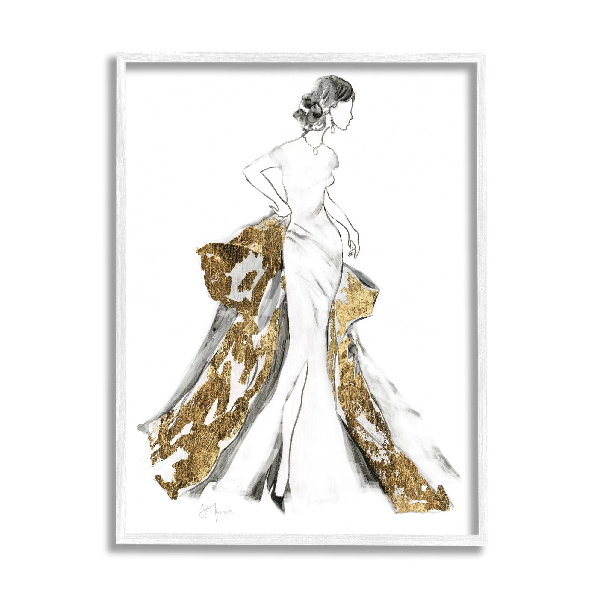 Stupell Elegant Fashion Female Glam Coat Evening Dress Framed Wall Art - Yellow - 24 x 30 - White