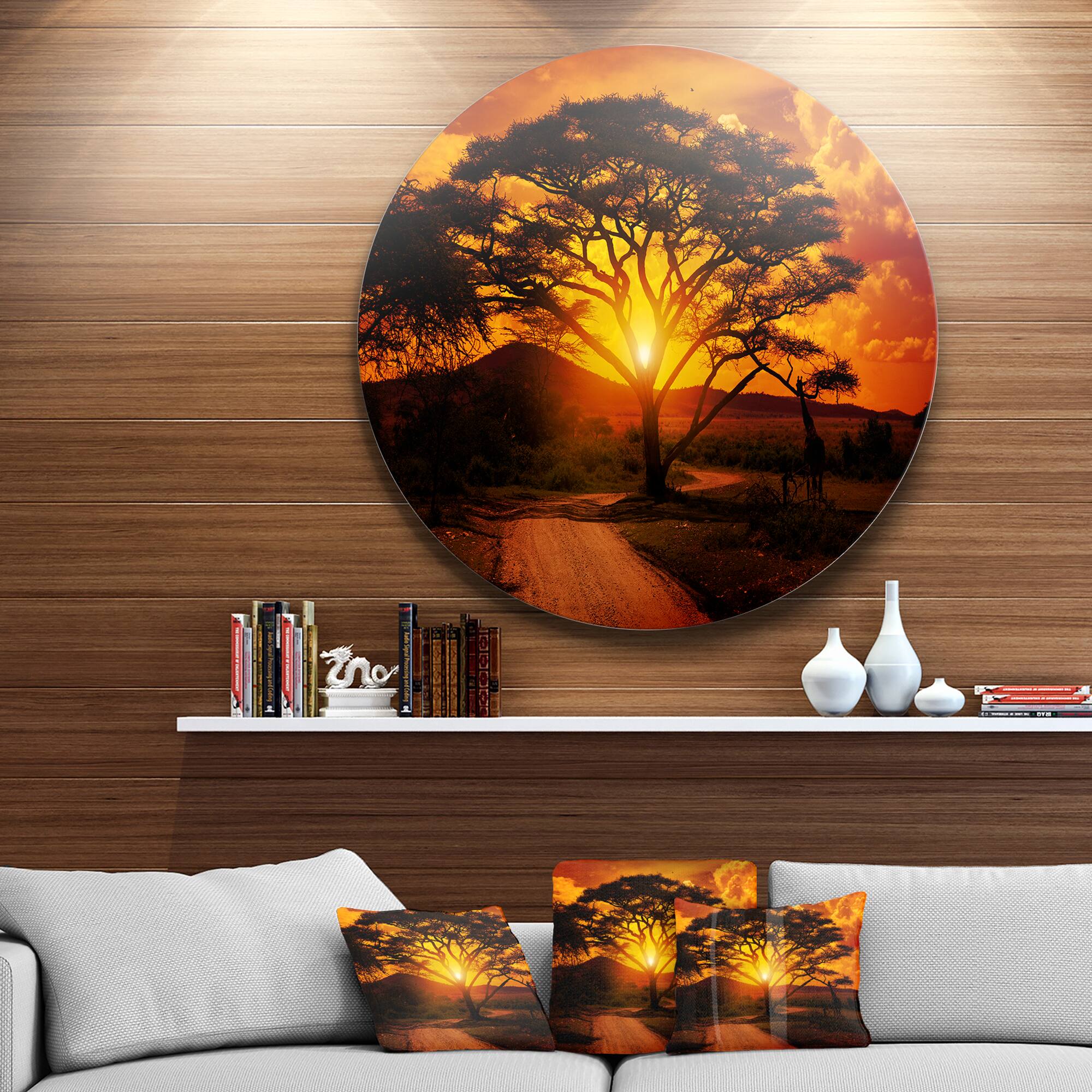 Designart - African Sunset with Lonely Tree&#x27; African Landscape Metal Circle Wall Art