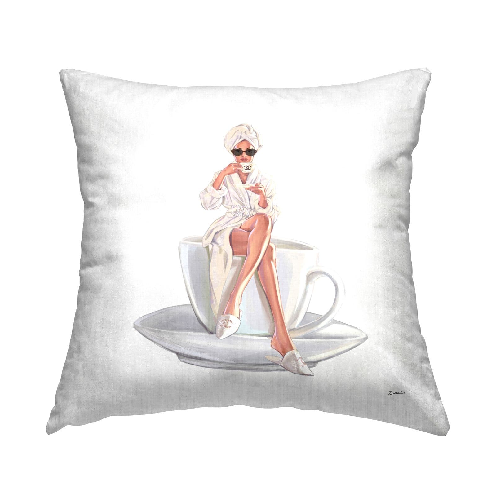 Stupell Industries Chic Morning Coffee Woman Robe Glam Brand Throw Pillow, 18" x 18"