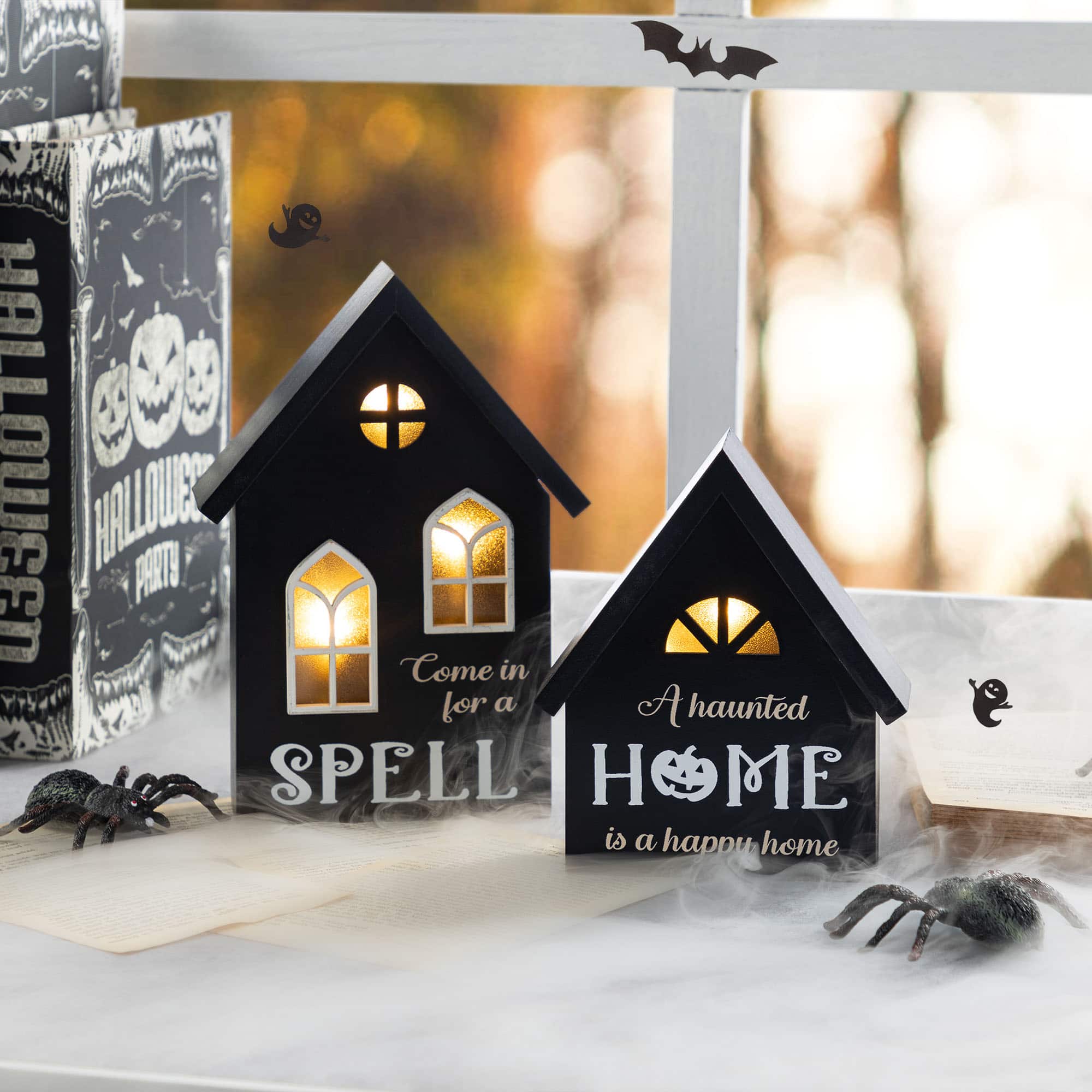 Glitzhome&#xAE; 8&#x22;H Lighted Halloween Wooden House-shaped Table Decor Set