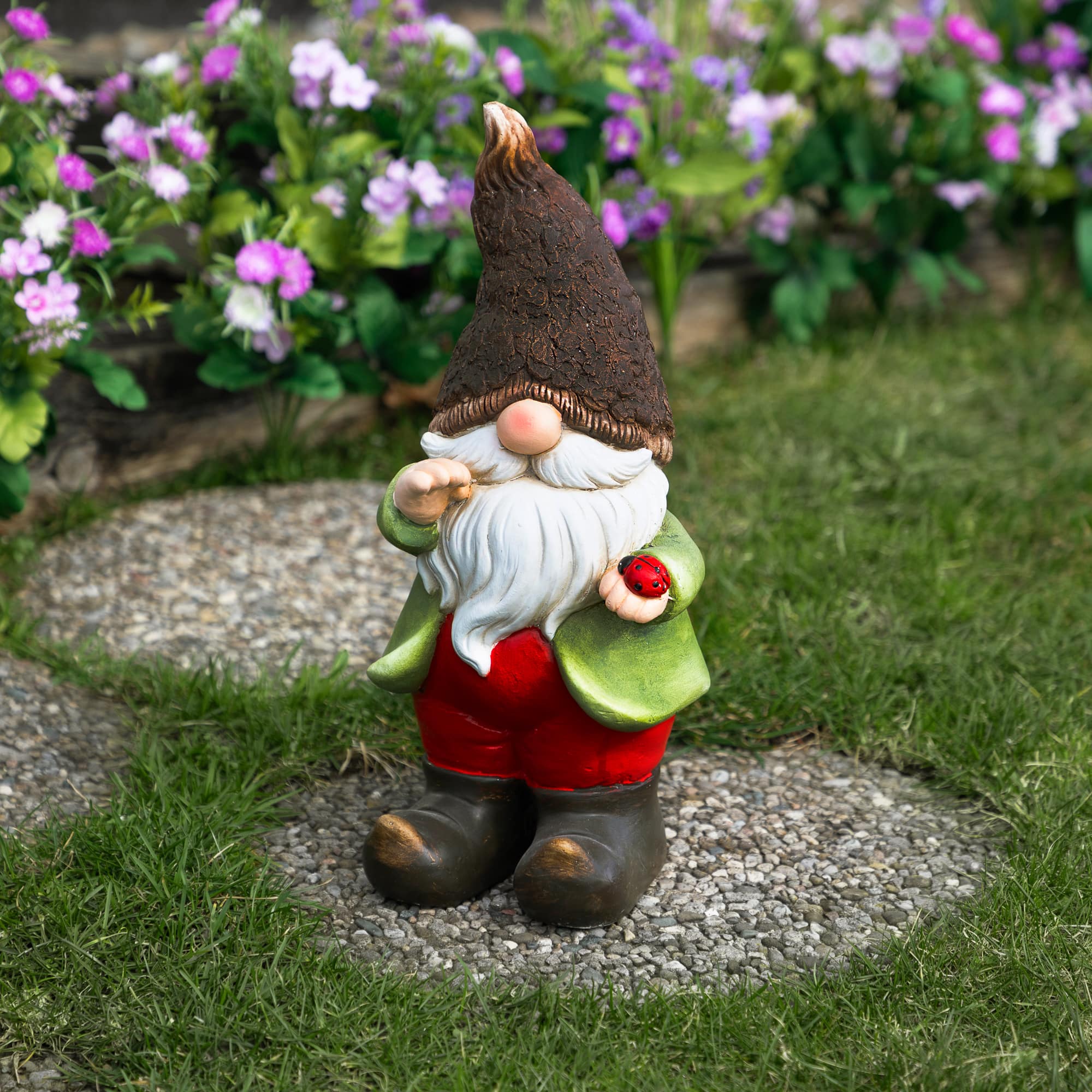 15.75" Green & Red Gnome with Ladybug Outdoor Garden Statue