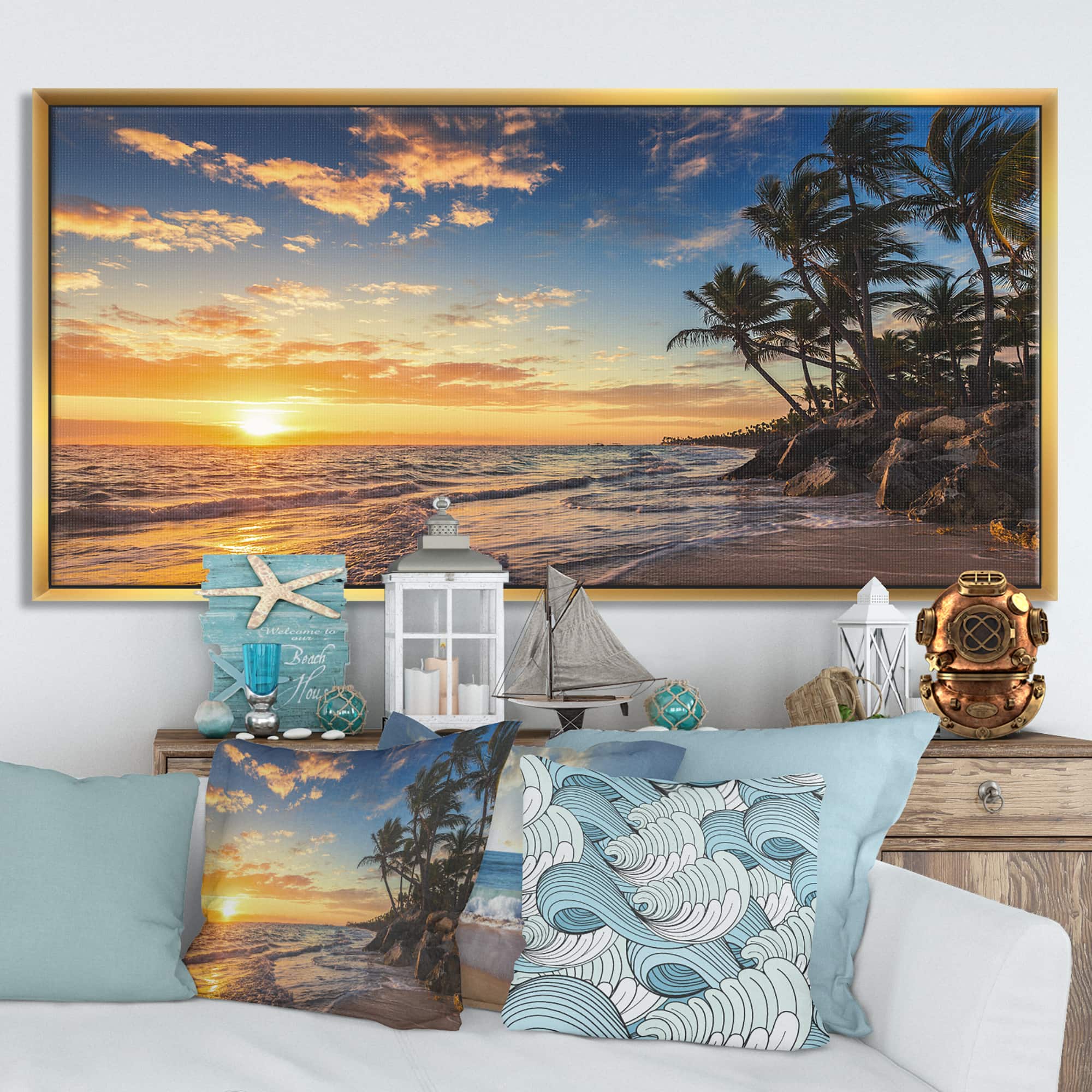 Designart - Paradise Tropical Island Beach with Palms - Extra Large Seascape Art Framed Canvas