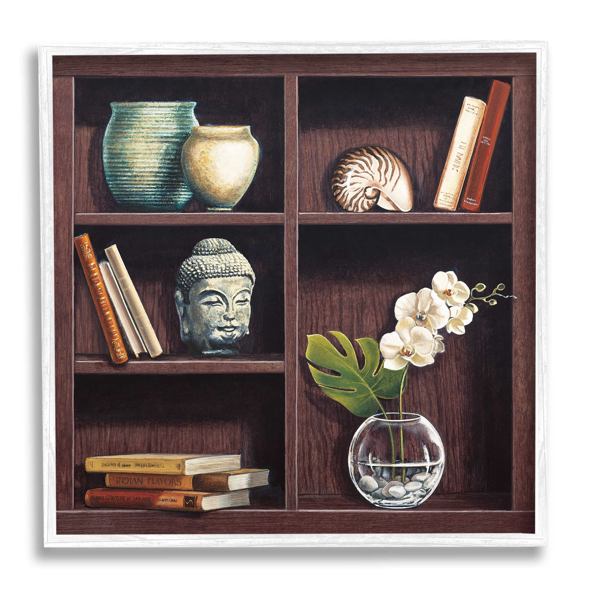 Stupell Industries Eastern Culture Inspired Bookshelf with Floral Vase Still-Life in White Frame Wall Art