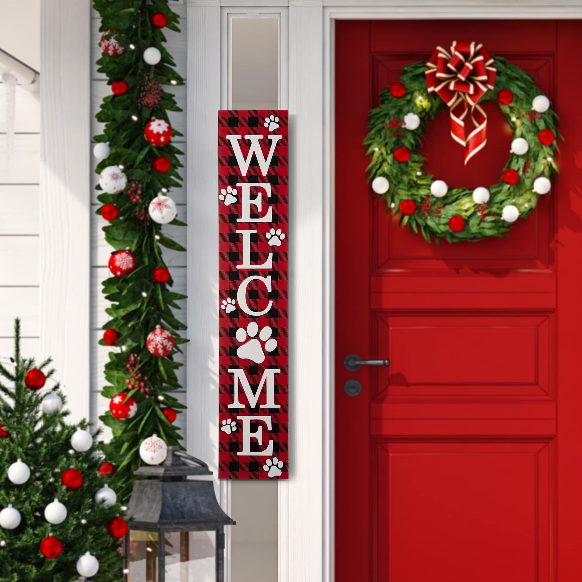 Glitzhome&#xAE; 42&#x22; Plaid Pet &#x22;WELCOME&#x22; Wooden Porch Sign