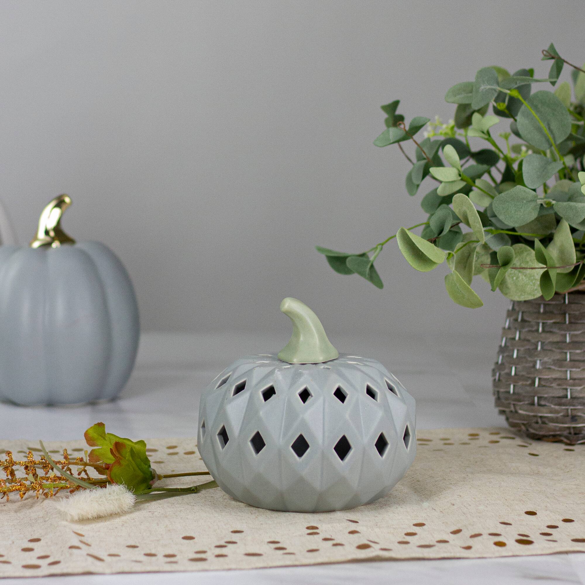 5" Gray & Green Lighted Fall Harvest Ceramic Pumpkin