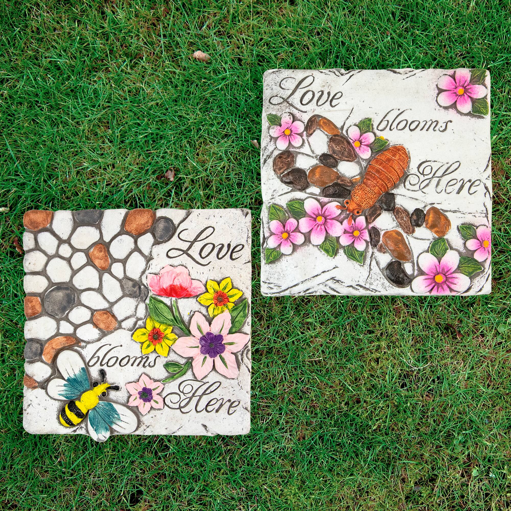 7&#x22; &#x22;Love Blooms Here&#x27;&#x22; Floral Outdoor Garden Stones Set