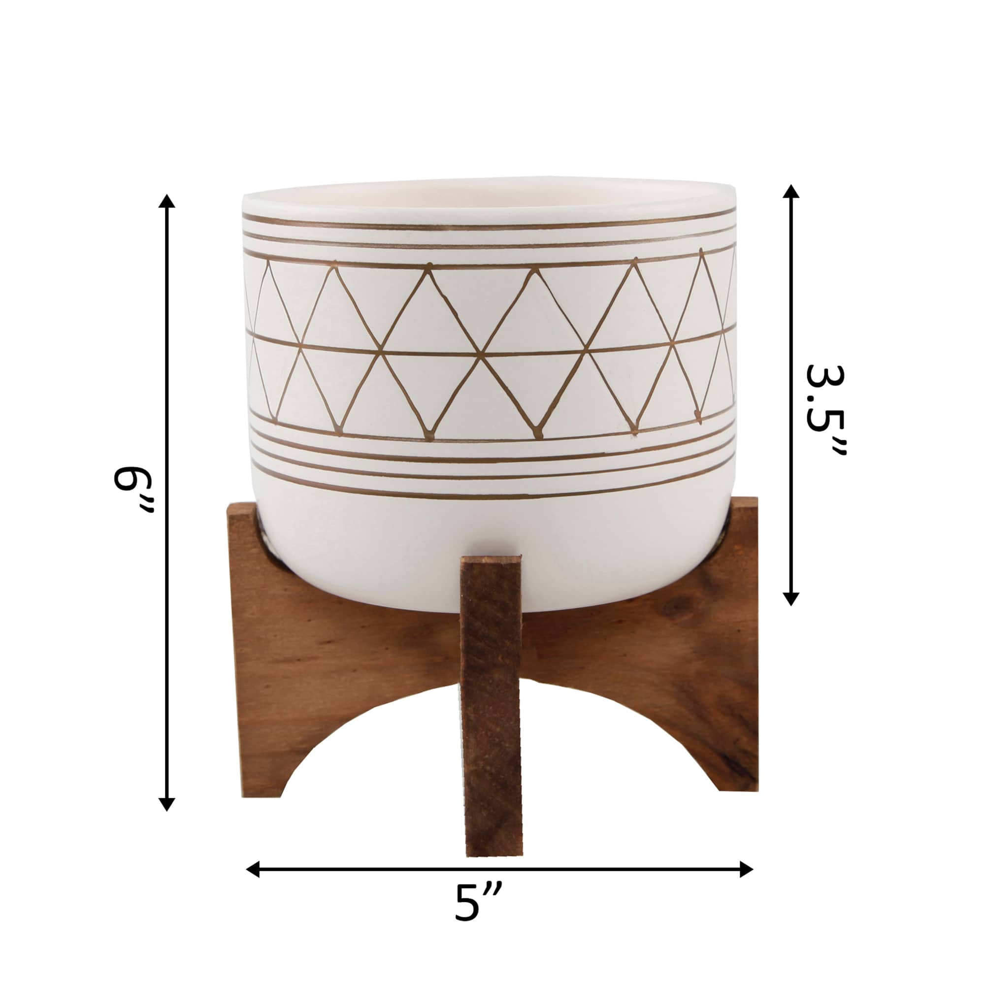 Flora Bunda 5&#x22; White Gold Geo Planter With Wood Stand