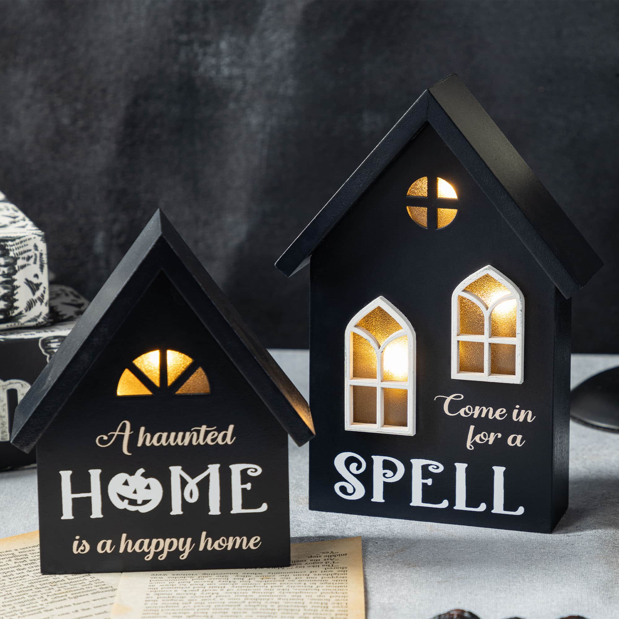 Glitzhome&#xAE; 8&#x22;H Lighted Halloween Wooden House-shaped Table Decor Set