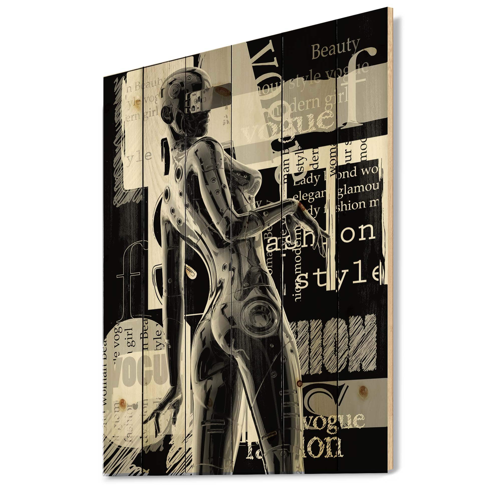 Designart - Monochrome Cyborg Body I - Modern Print on Natural Pine Wood