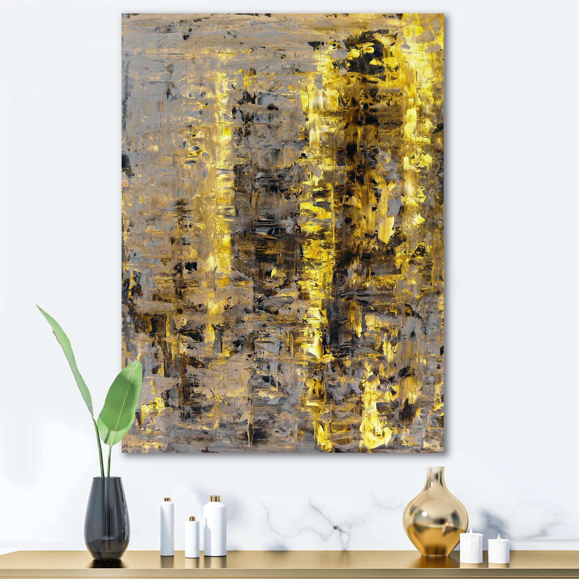 Designart - Yellow Meets Grey Abstract Art II - Modern Canvas Wall Art Print