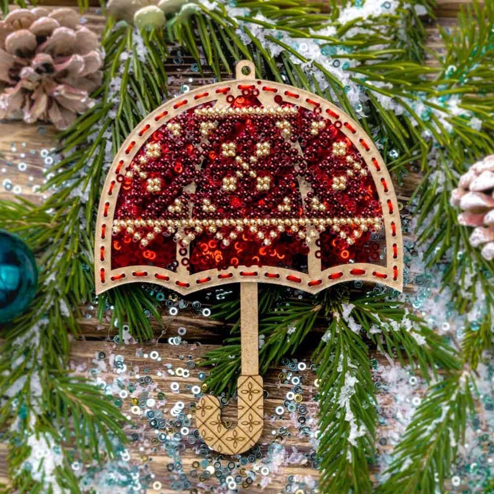 Wonderland Crafts Red Umbrella Christmas Ornament Bead Embroidery Kit