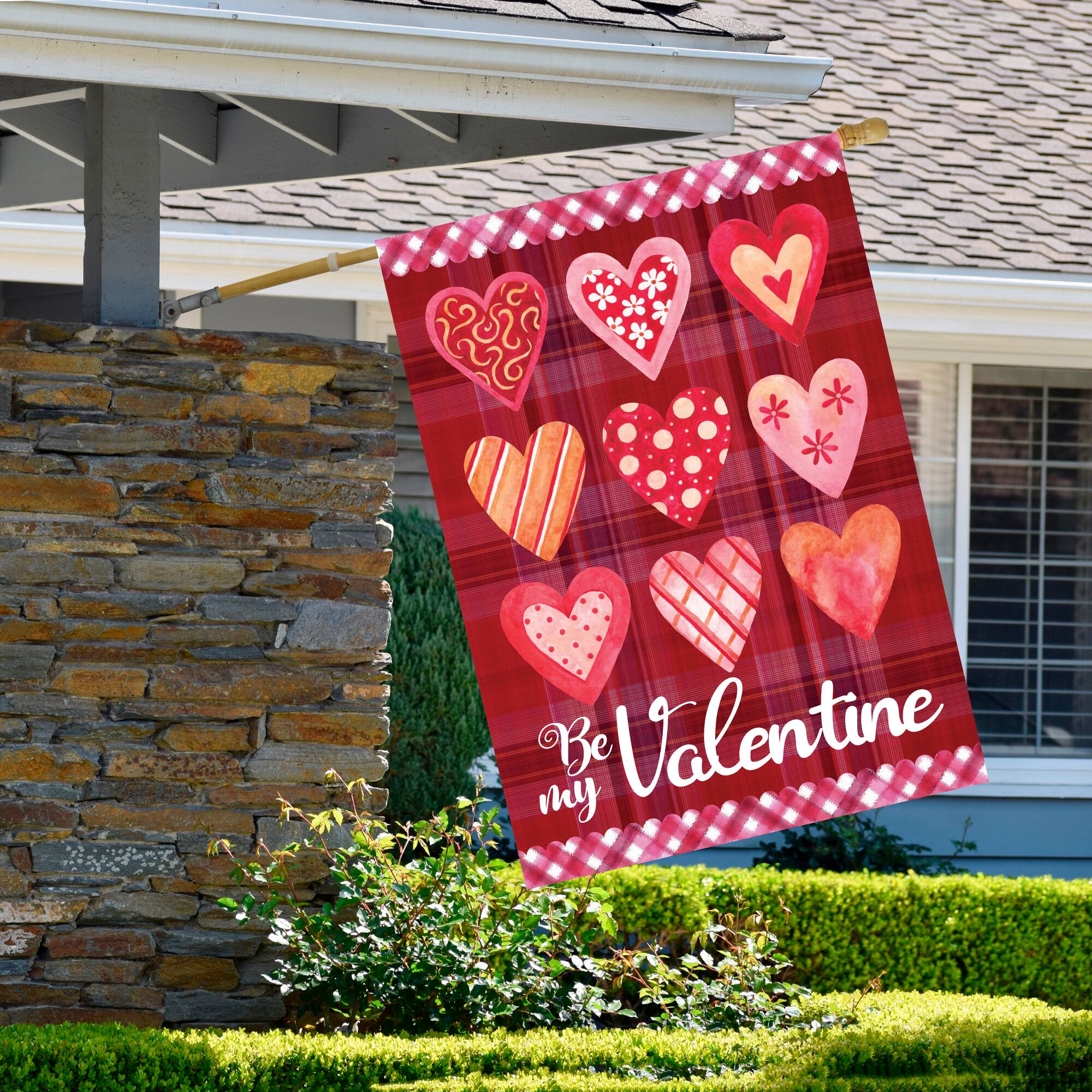 Be My Valentine Large Plaid &#x26; Heart Outdoor House Flag