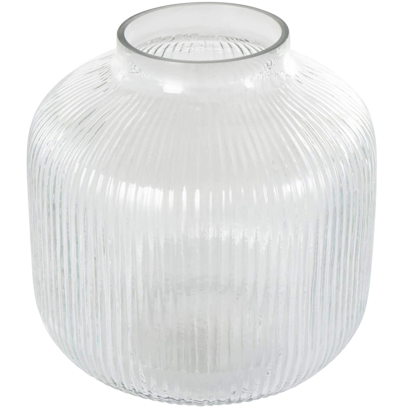 11" Clear Glass Short Round Ribbed Decorative Vase
