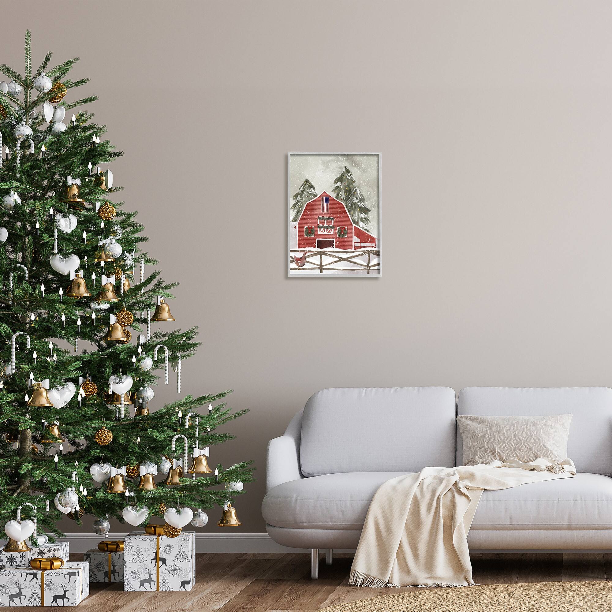 Stupell Industries Snowy Country Barn American Flag Framed Giclee Art