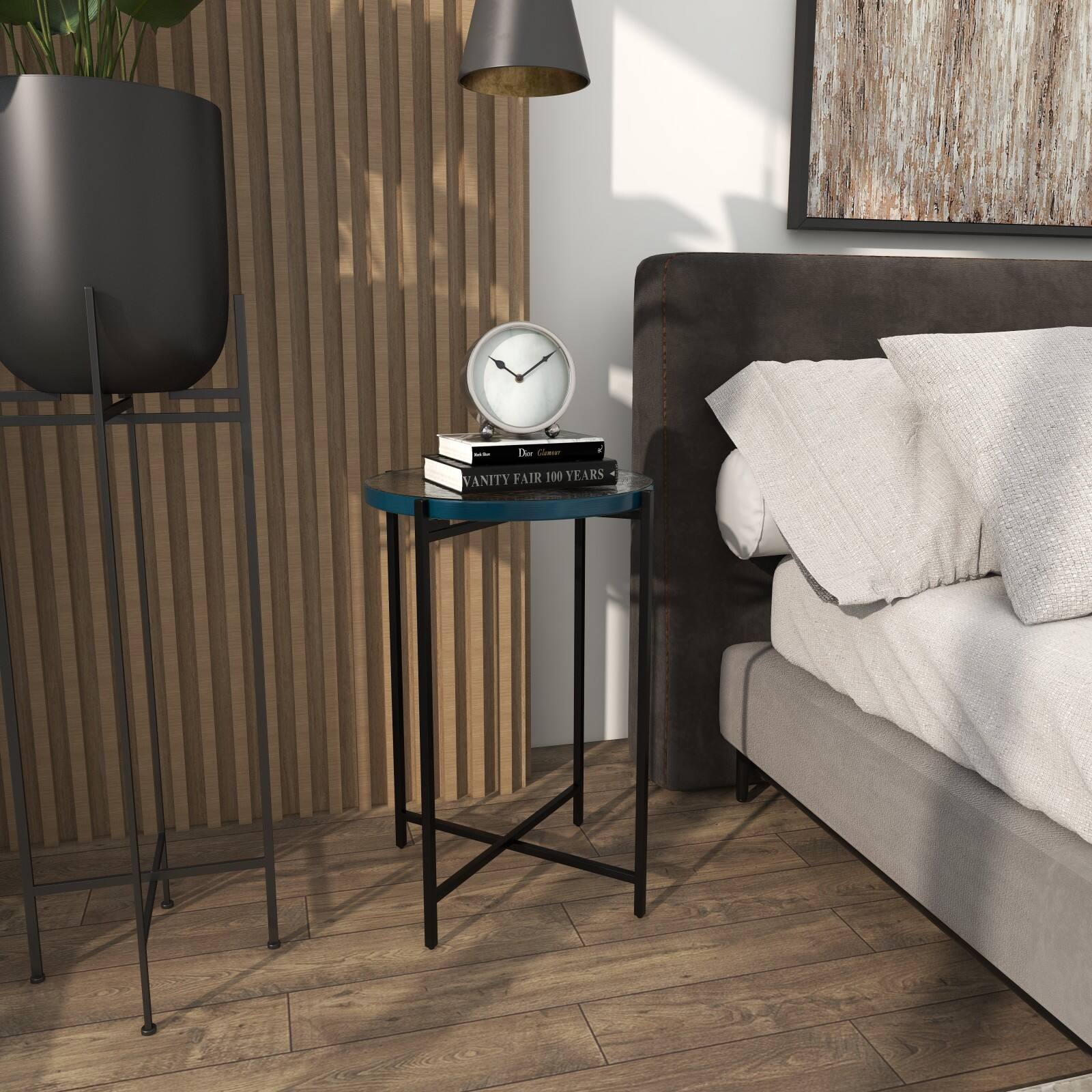 24" Metal X-Shaped Accent Table with Textured Glass Tabletop