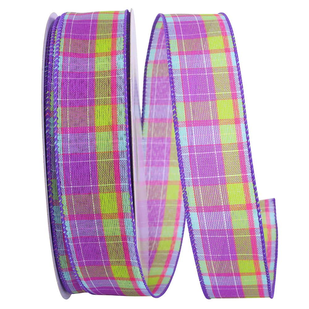 Reliant 1.5&#x22; Wired Bright Purple Plaid Ribbon, 50yd.
