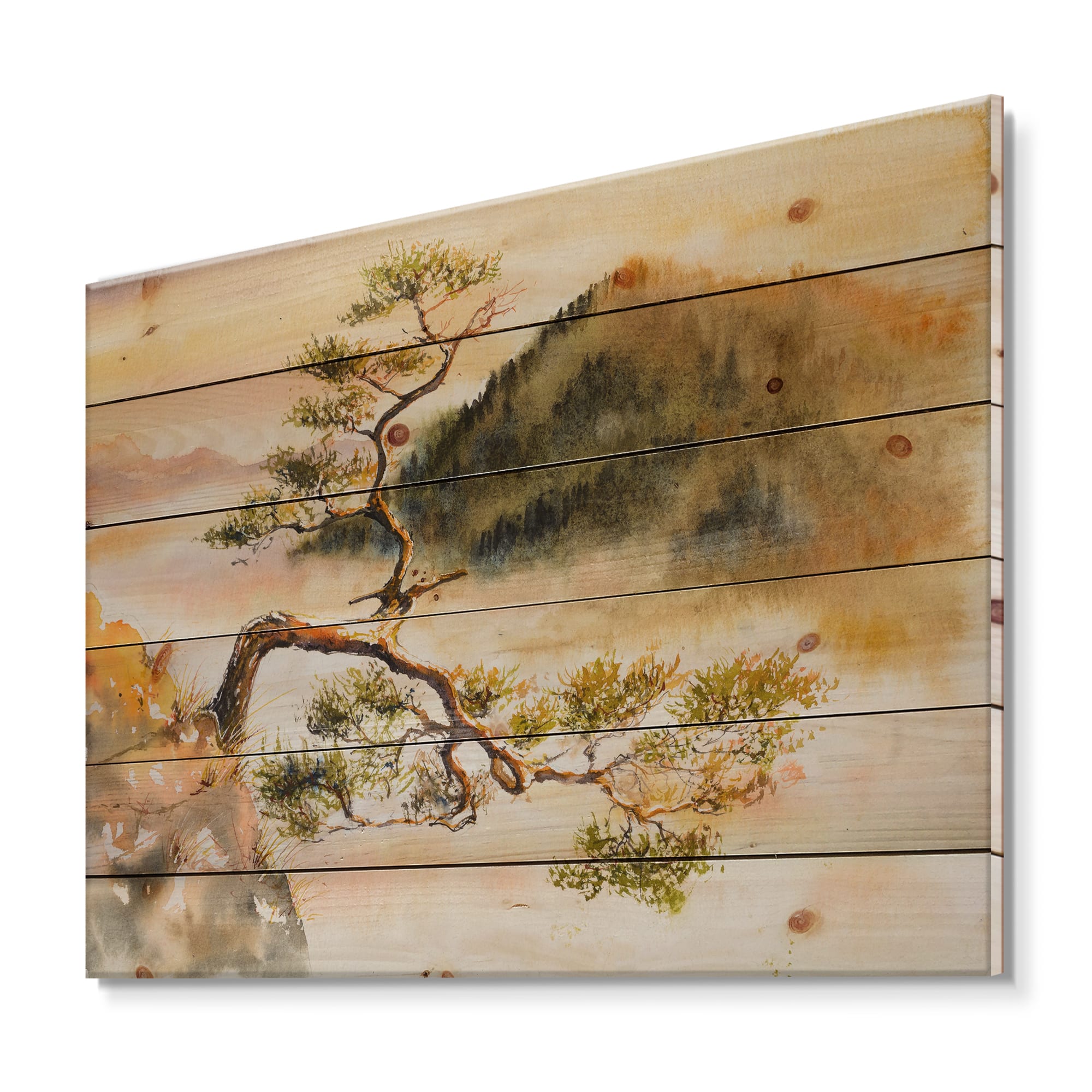 Designart - Curved Pine Tree On The Top of Sokolica Peak - Traditional Print on Natural Pine Wood