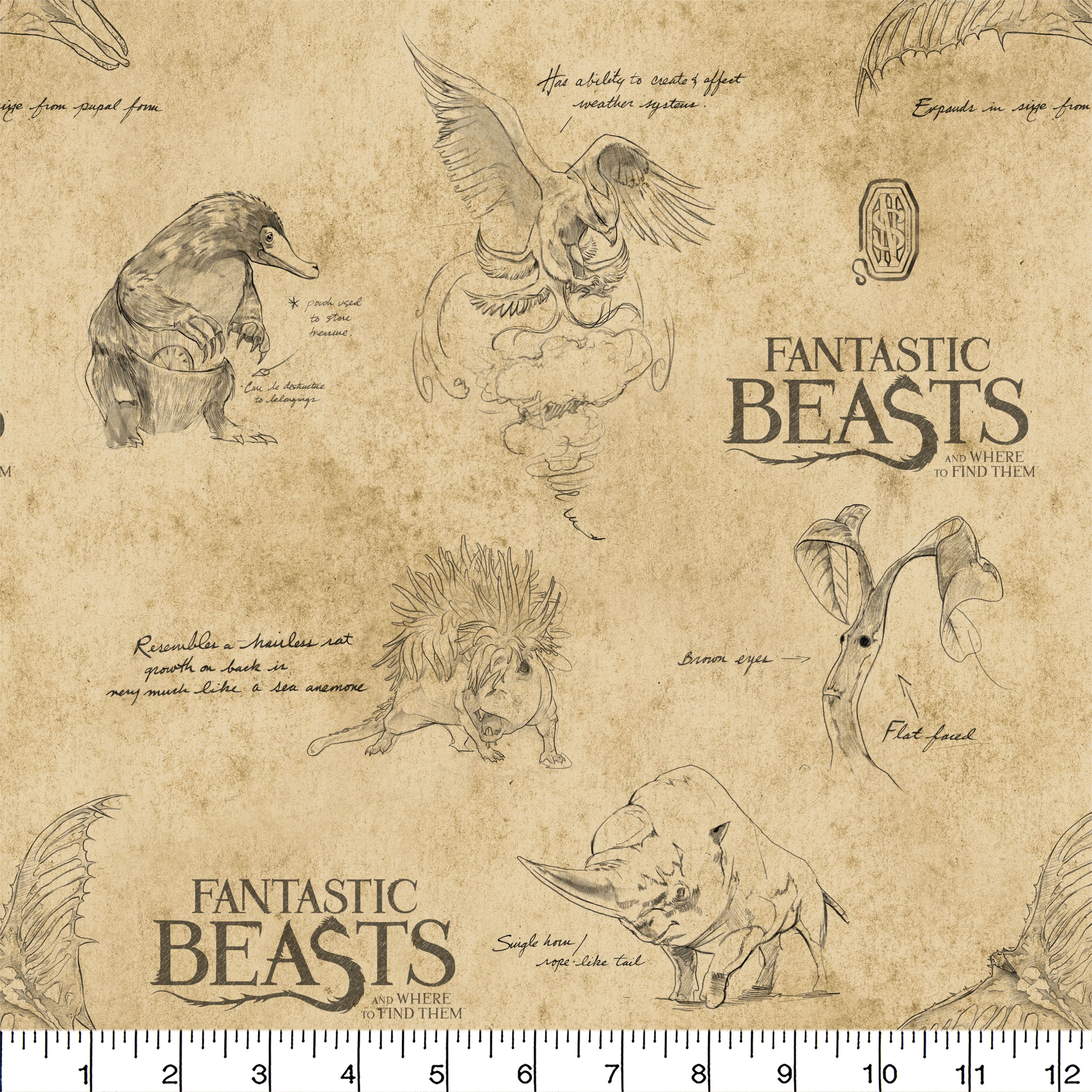Fantastic Beasts&#x2122; Logo &#x26; Creatures Tan Cotton Fabric