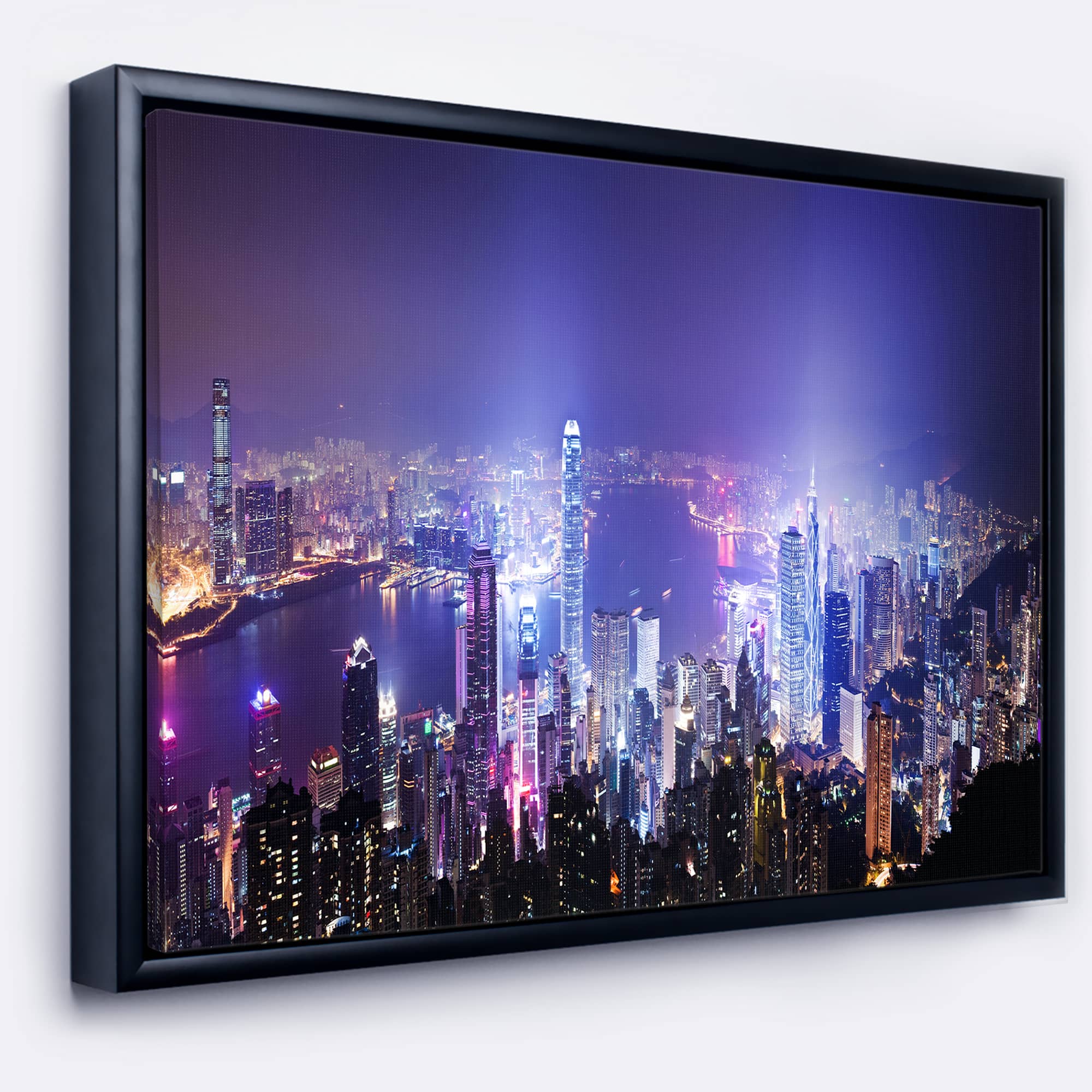 Designart - Hong Kong Night City - Cityscape Photo Canvas Art Print in Black Frame