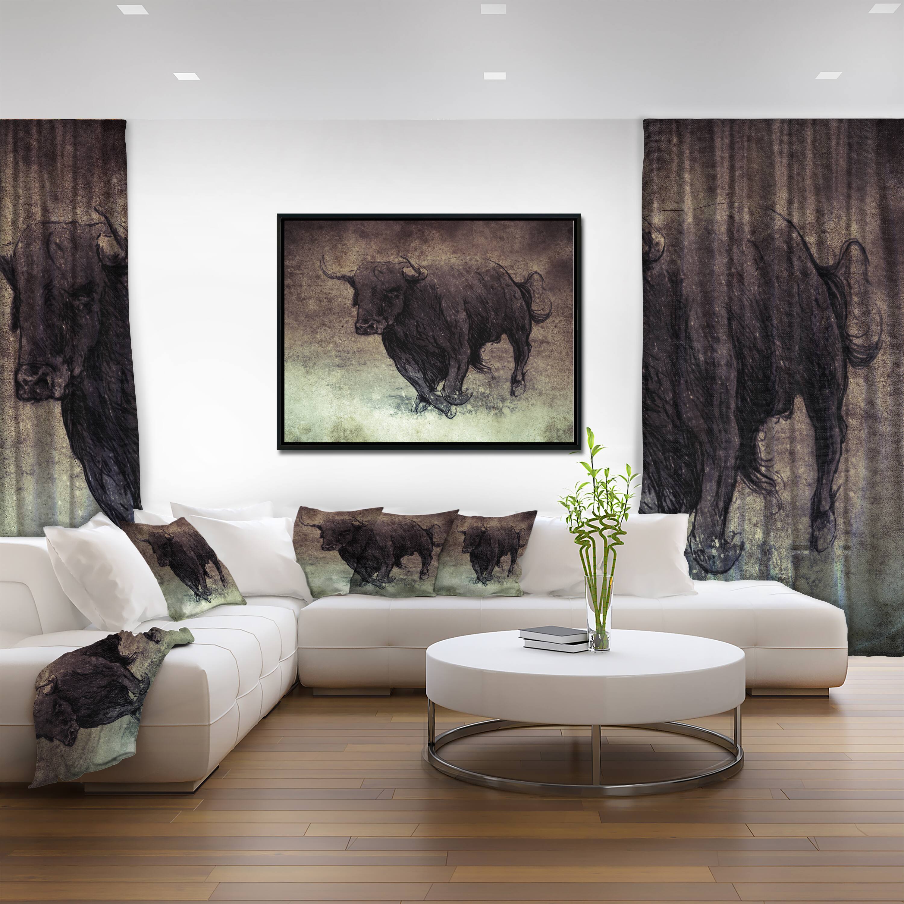 Designart - Bull Running on Vintage Paper - Animal Canvas Art Print in Black Frame