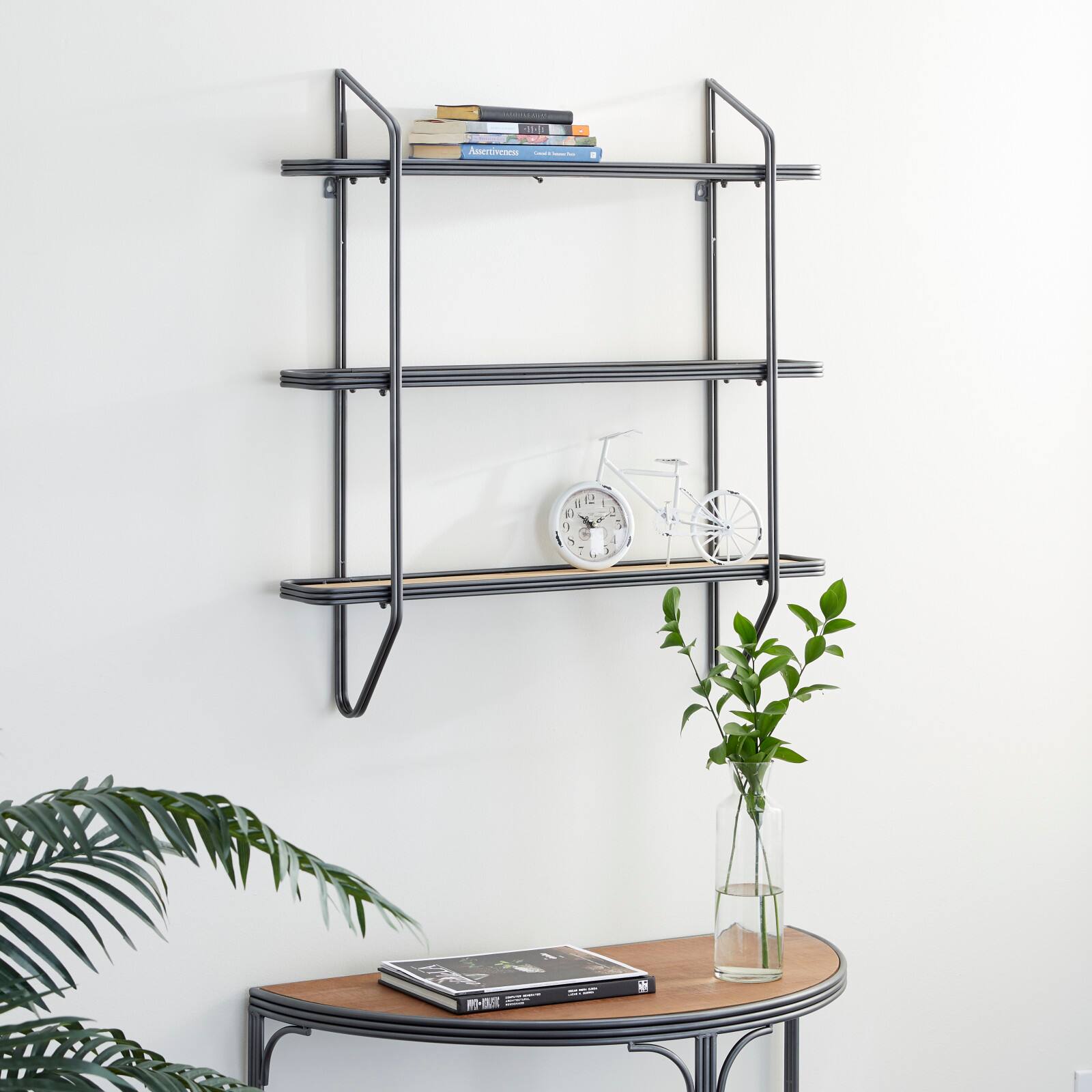 Gray Metal and Wood Industrial Wall Shelves, 34&#x22; x 32&#x22; x 6&#x22;