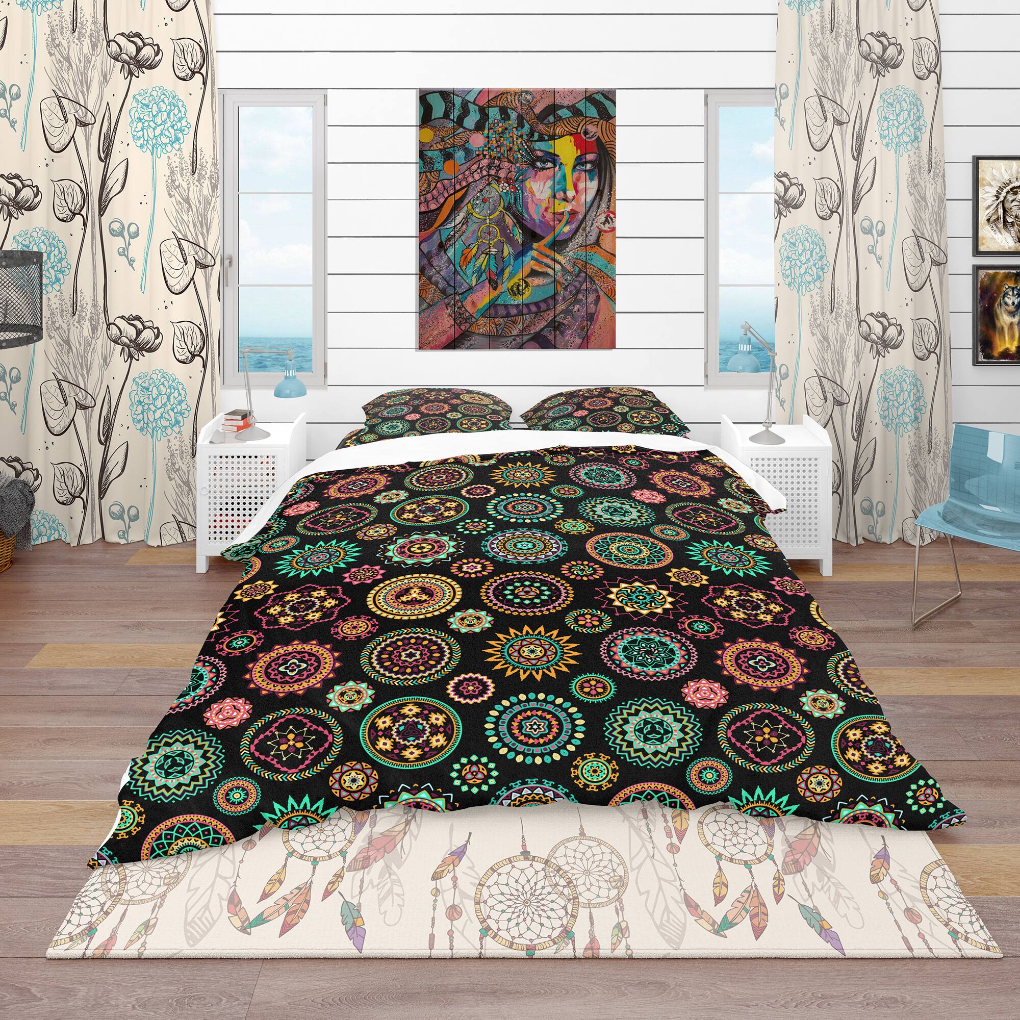 Designart &#x27;Geometric Round Ethnic Decorative Elements&#x27; Bohemian &#x26; Eclectic Bedding Set - Duvet Cover &#x26; Shams