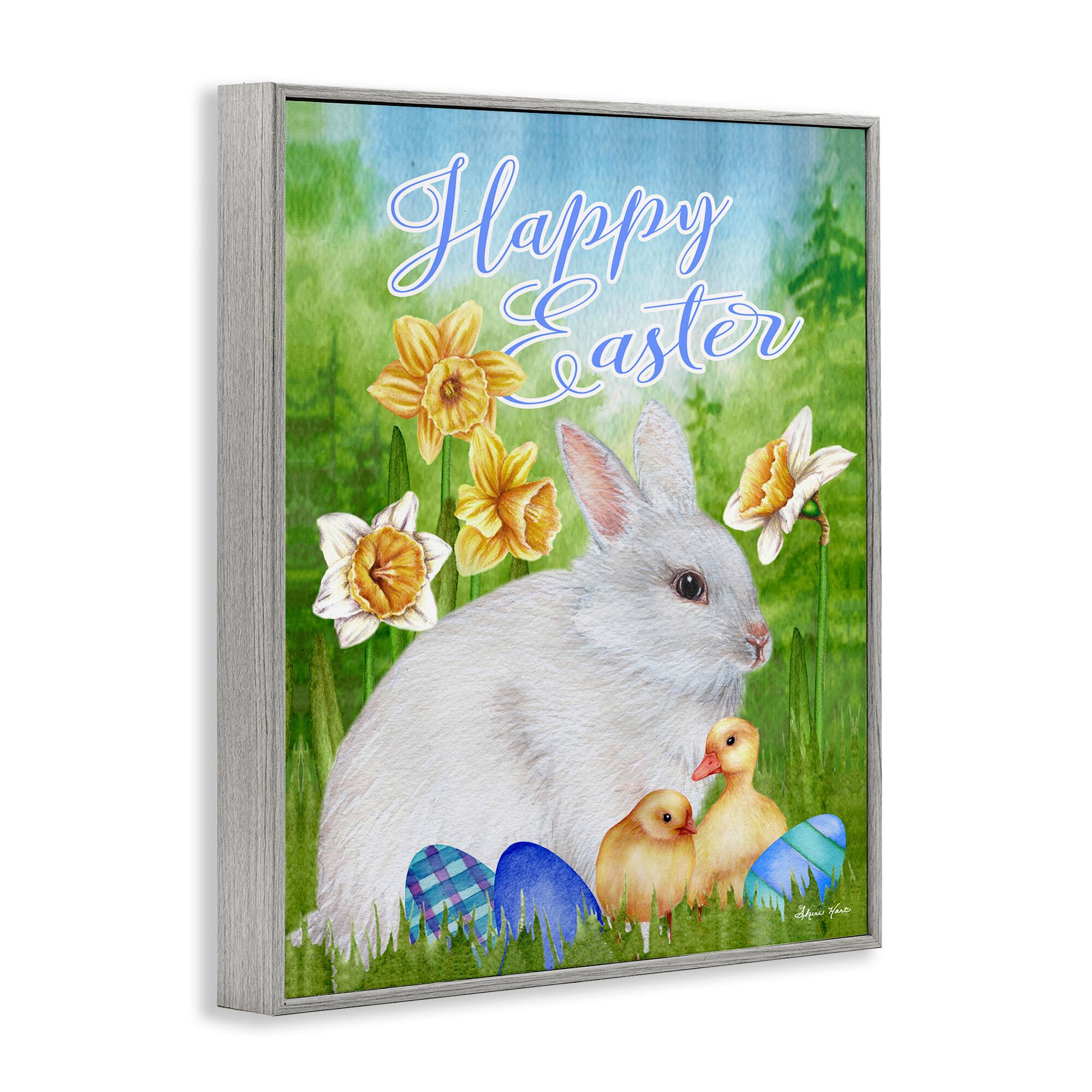 Stupell Industries Happy Easter Spring Bunny Rabbit Phrase Baby Chicks Framed Giclee Art