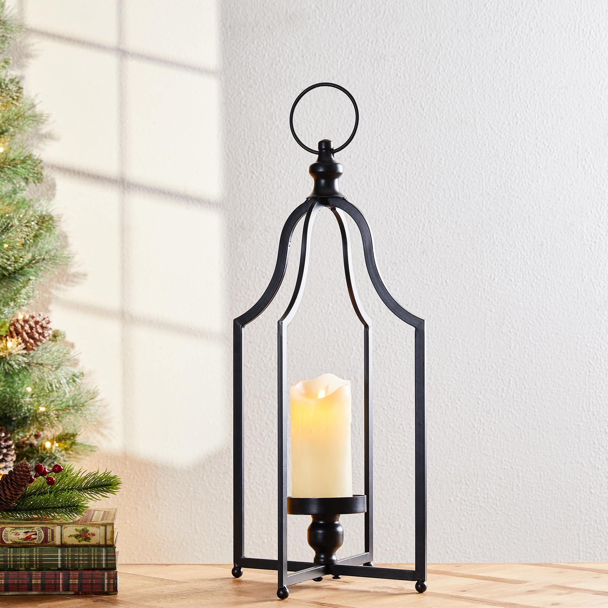 22" Modern Farmhouse Black Metal Candle Lantern
