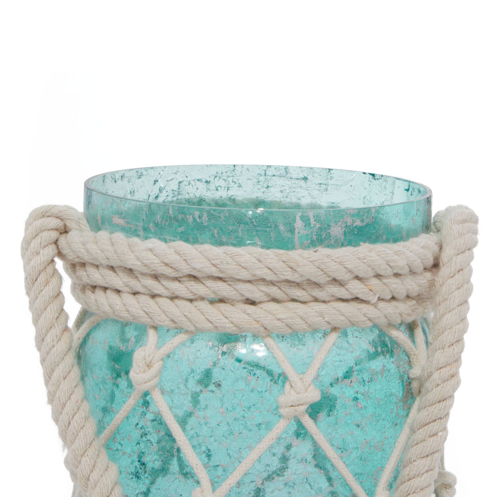 Aquamarine Glass Coastal Candle Holder Lantern, 16&#x22; x 5&#x22; x 5&#x22;