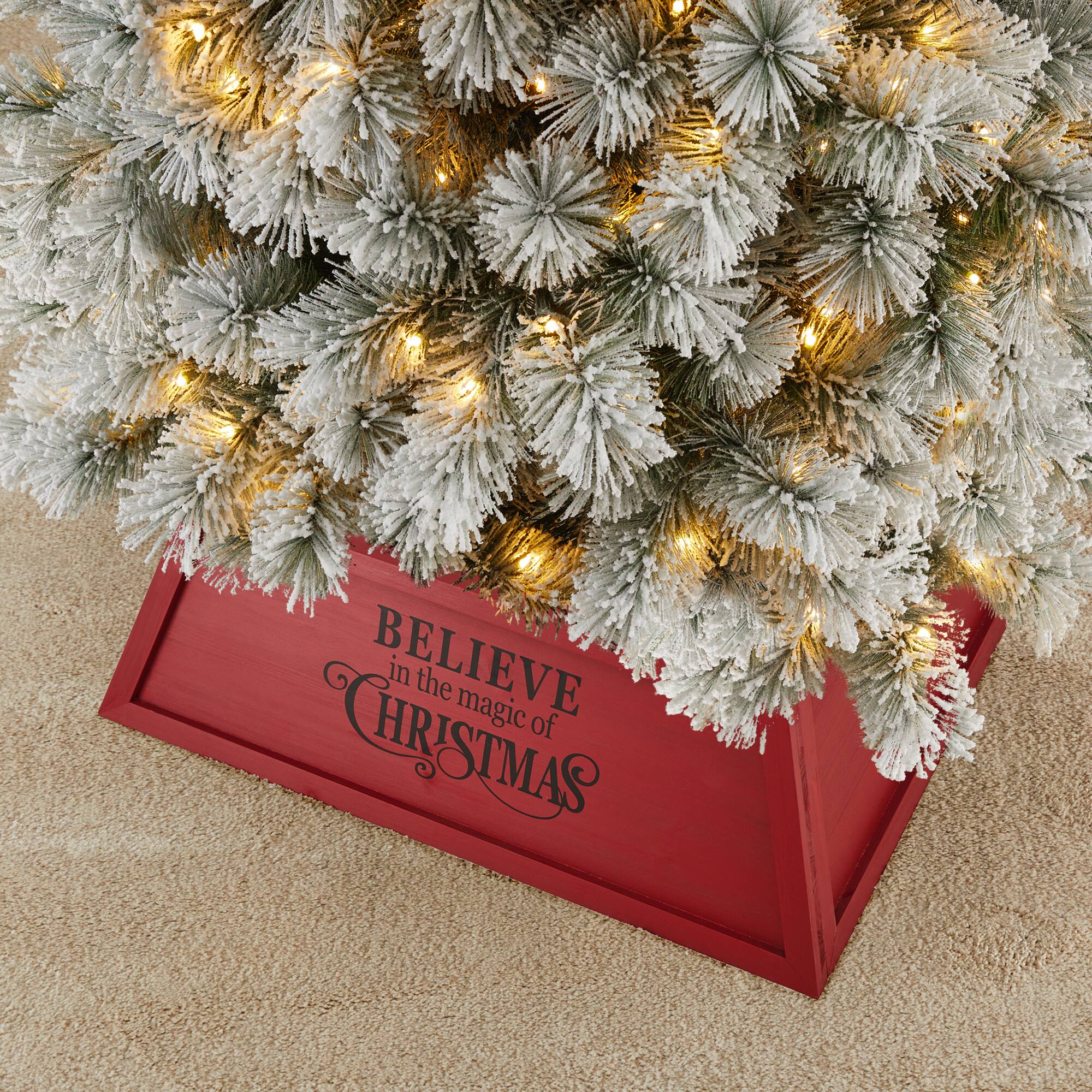Glitzhome® 26" Red Trapezoid Believe in the Magic Christmas Tree Collar Tree Skirts, Stands
