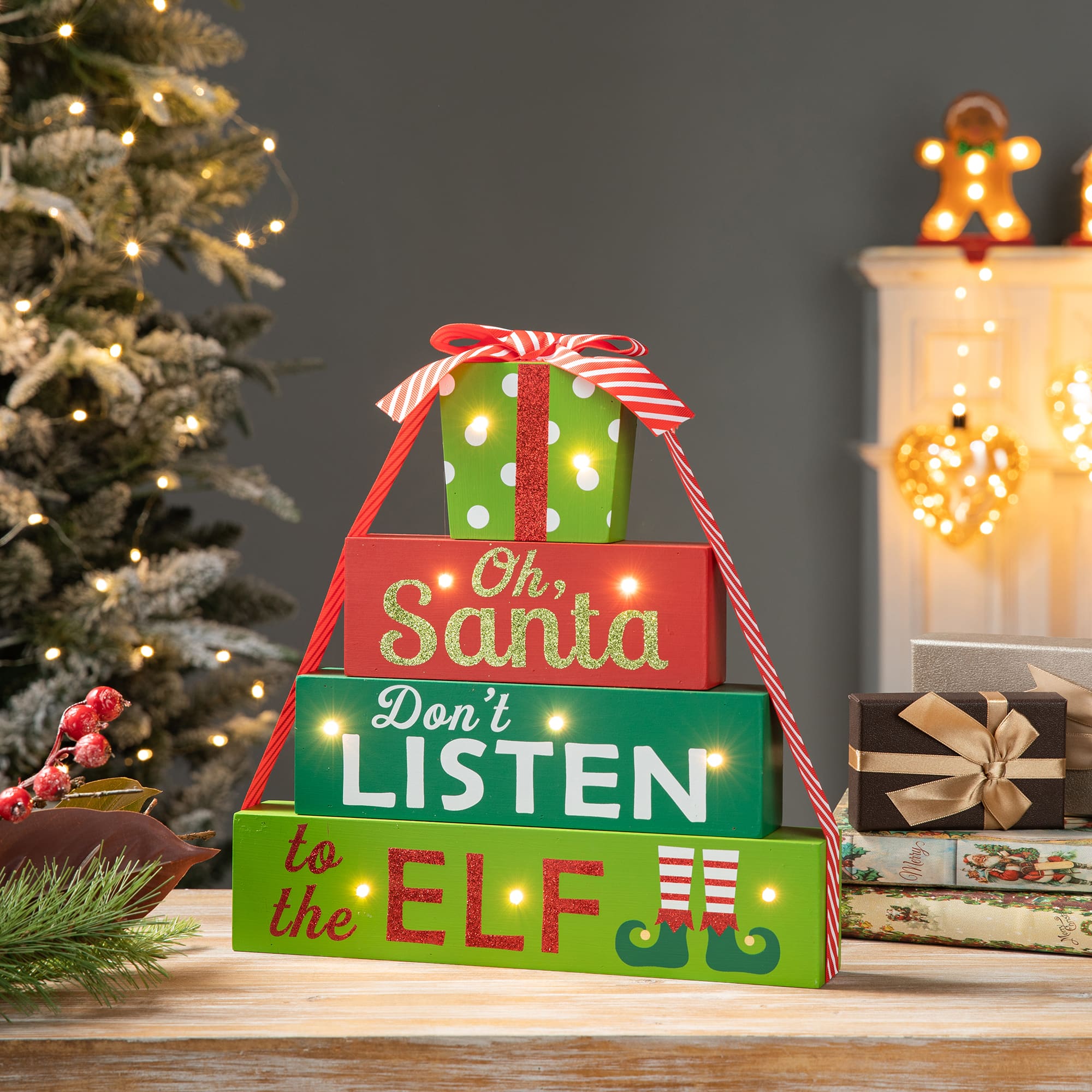 Glitzhome® 12" Lighted Wooden Christmas Gift Block Table Décor