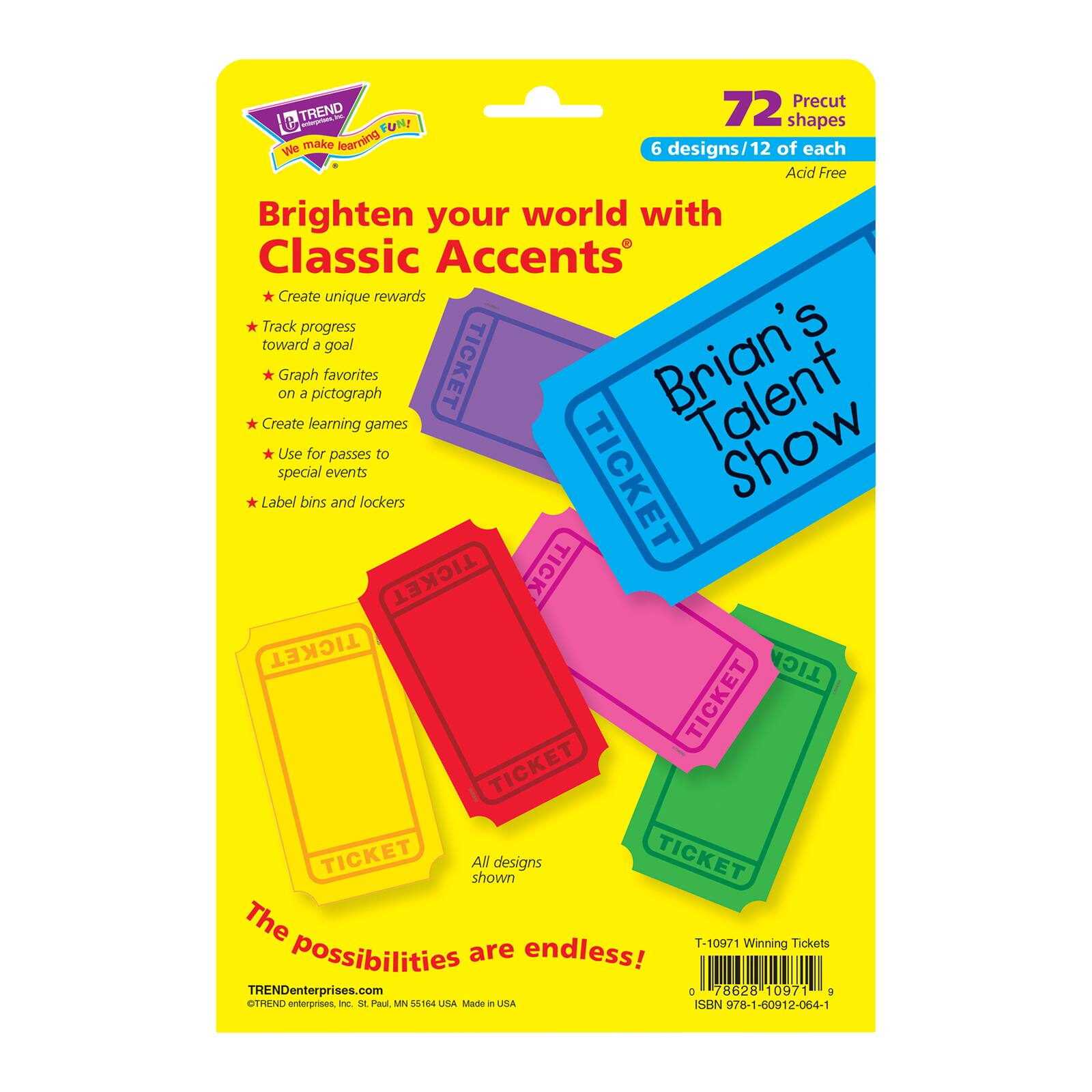TREND Enterprises® Winning Tickets Classic Accents® Variety Pack, 3 Packs of 72
