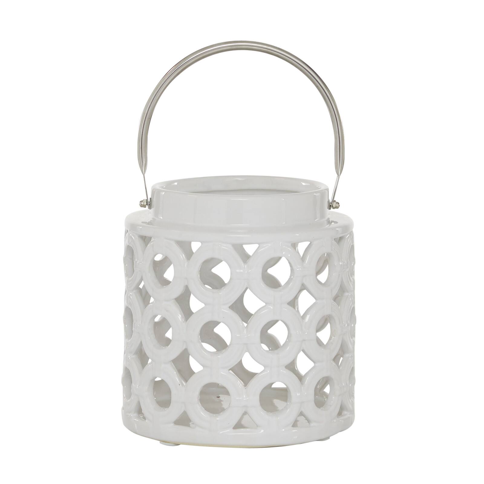 White Ceramic Contemporary Candle Holder Lantern, 8&#x22; x 8&#x22; x 9&#x22;