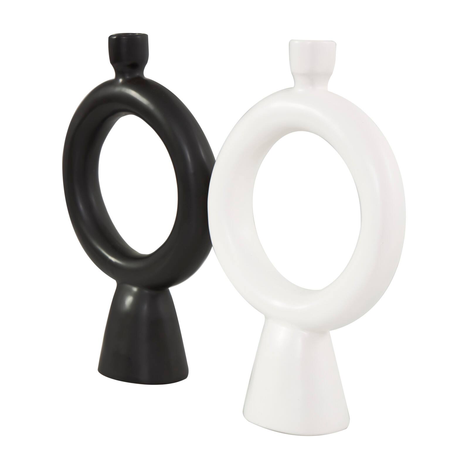 CosmoLiving by Cosmopolitan 12" Black & White Ceramic Geometric Ring Taper Candle Holder Set