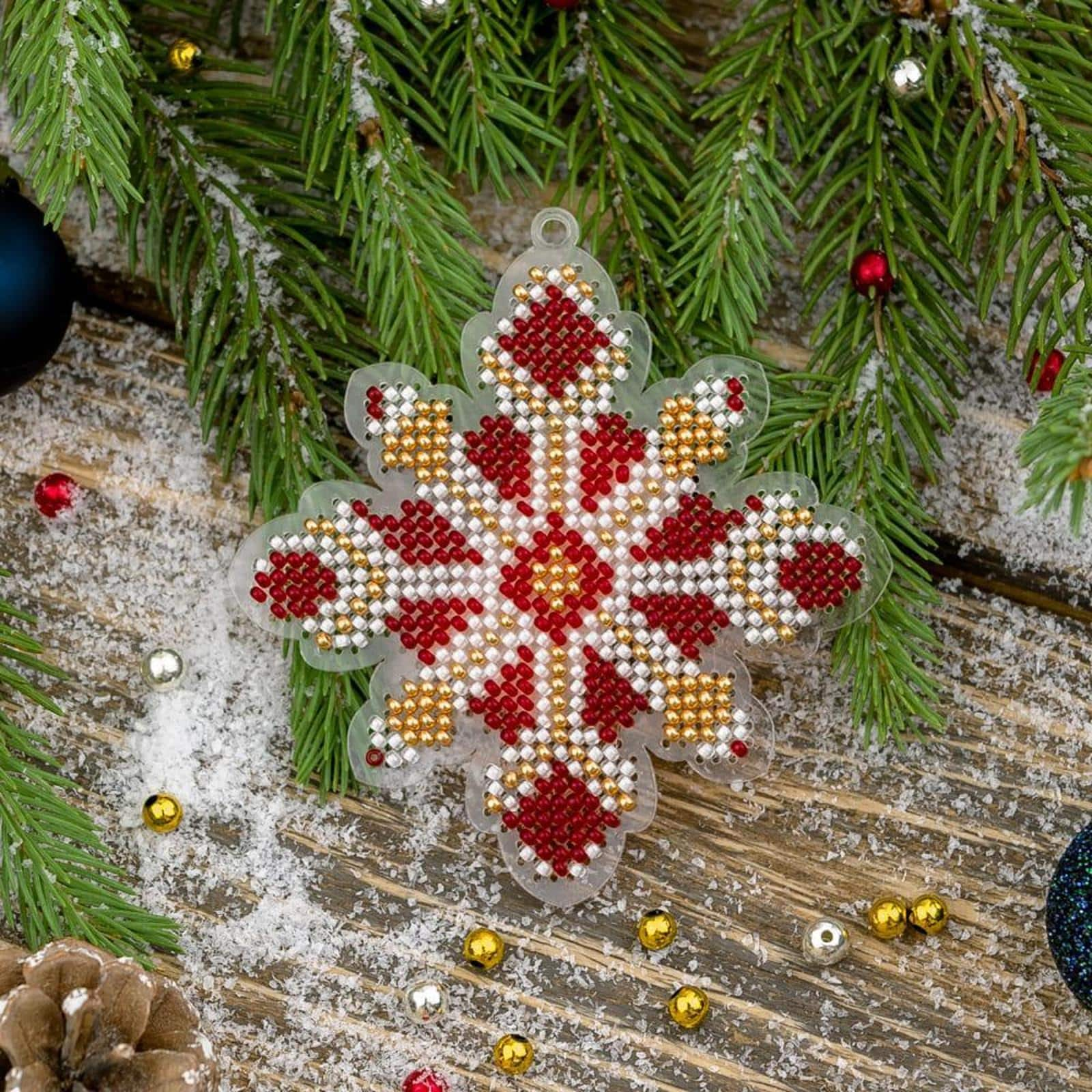 Wonderland Crafts Red &#x26; Gold Fair Isle Snowflake Ornament Bead Embroidery on Plastic Kit