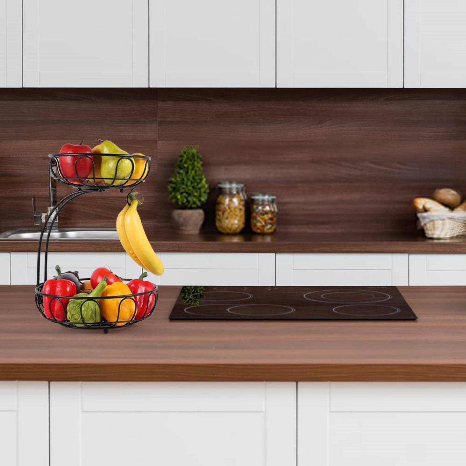 NEX™ 15" Black 2 Tier Fruit Basket Storage Holder with Banana Hanger