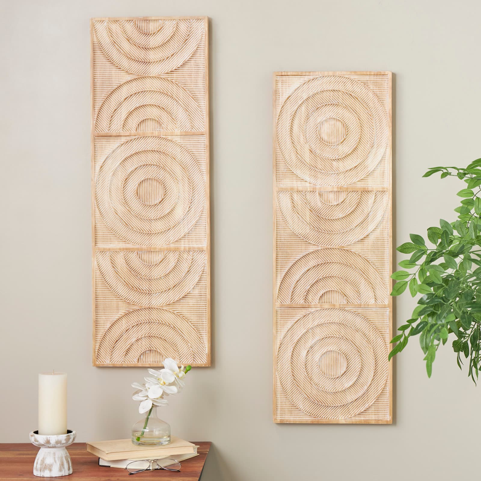 13" x 37" Light Brown Wood Geometric Carved Panel Arch Wall Décor with White Linear Markings Set 