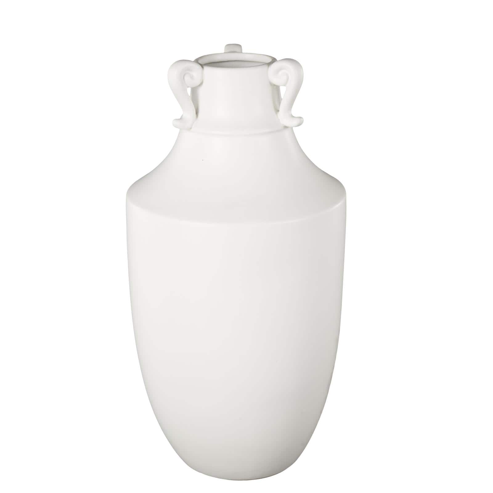 18.25" White Ceramic Sleek Amphora Vase with Scroll Handles