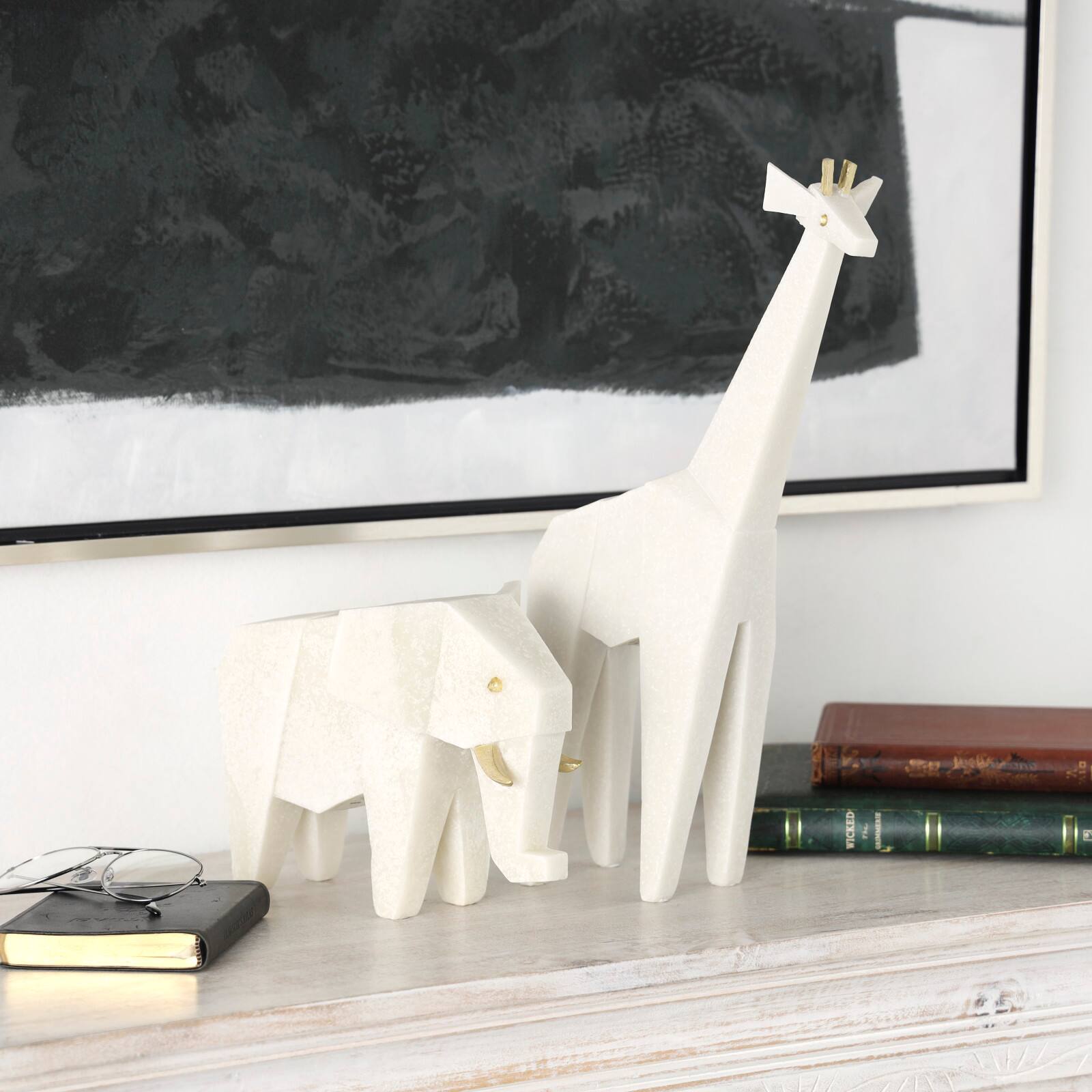 White Polystone Elephant &#x26; Giraffe Cubist Inspired Sculpture Set