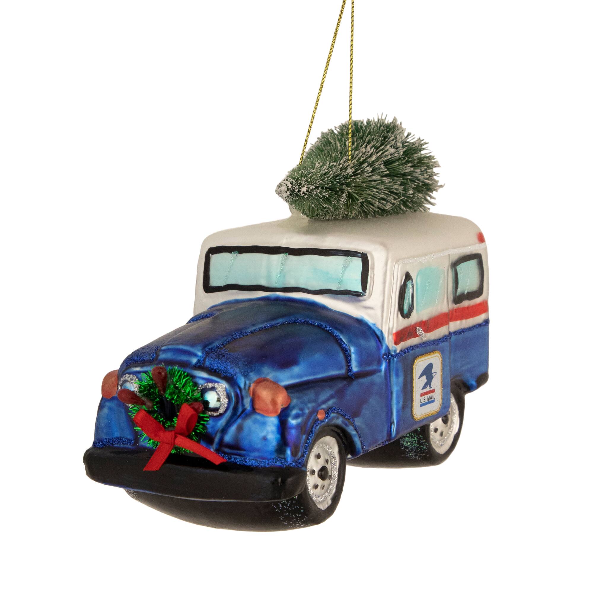 5" Blue & Silver USPS Post Office Truck with Frosted Tree Glass Christmas Ornament