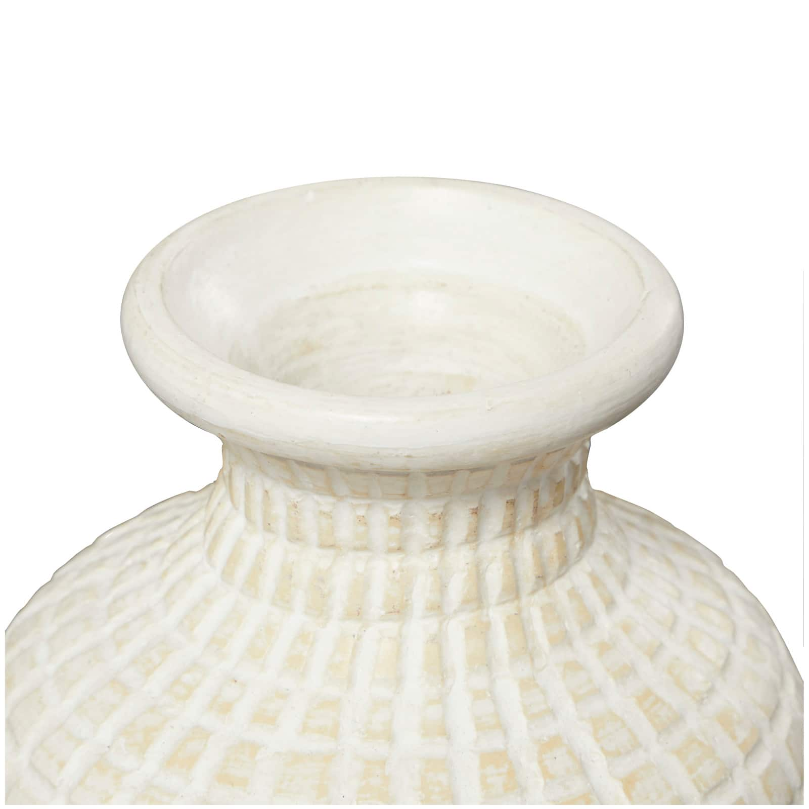 Cream Ceramic Textured Geometric Vase with Checkered Pattern