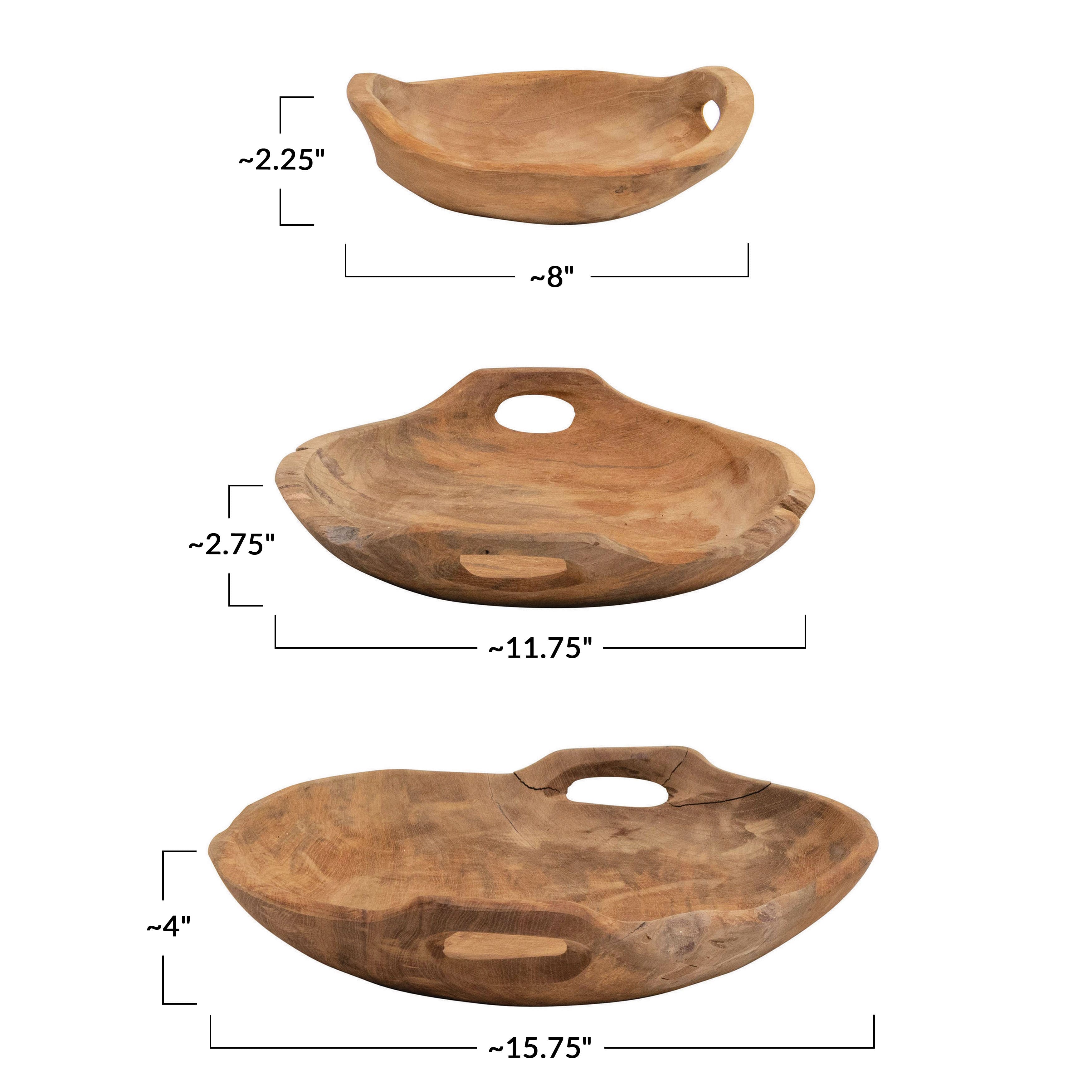 Teak Wood Bowls with Handles Set