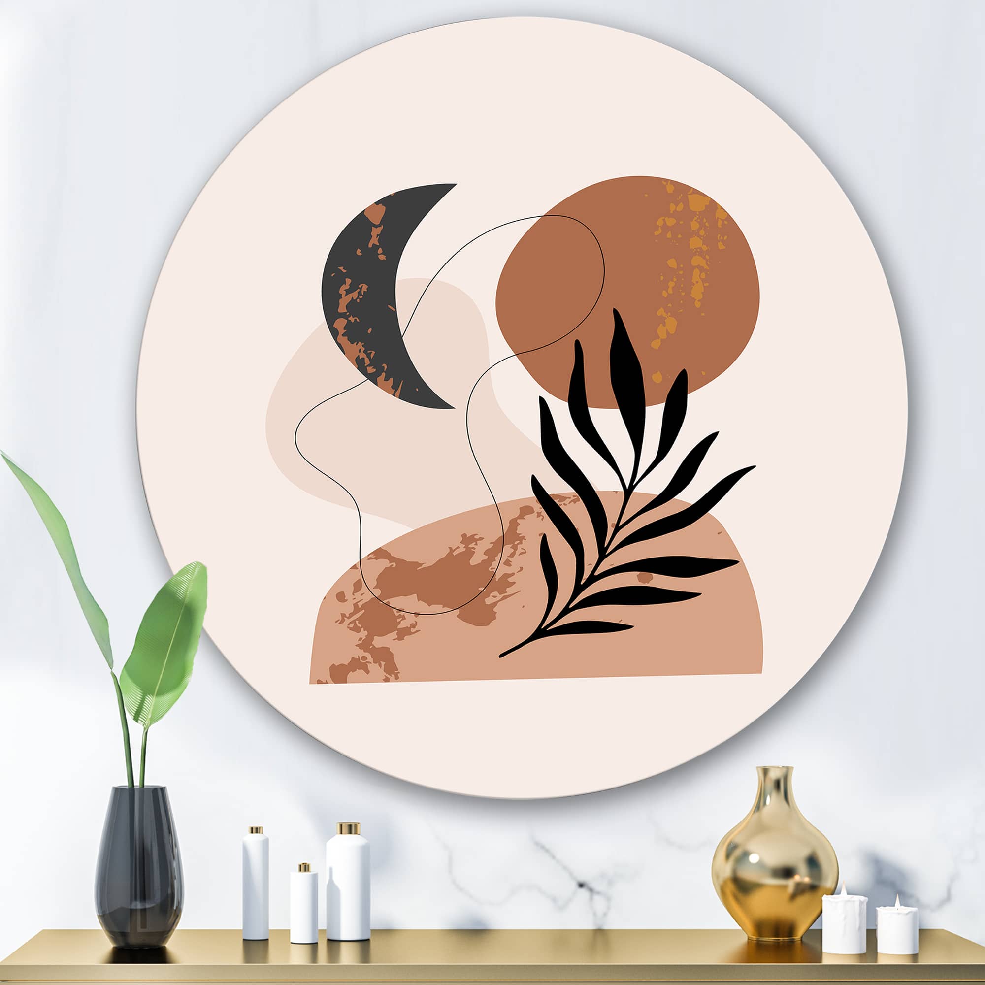 Designart - Moon & Sun Shapes In Retro Terracotta Tones I - Modern Metal Circle Wall Art
