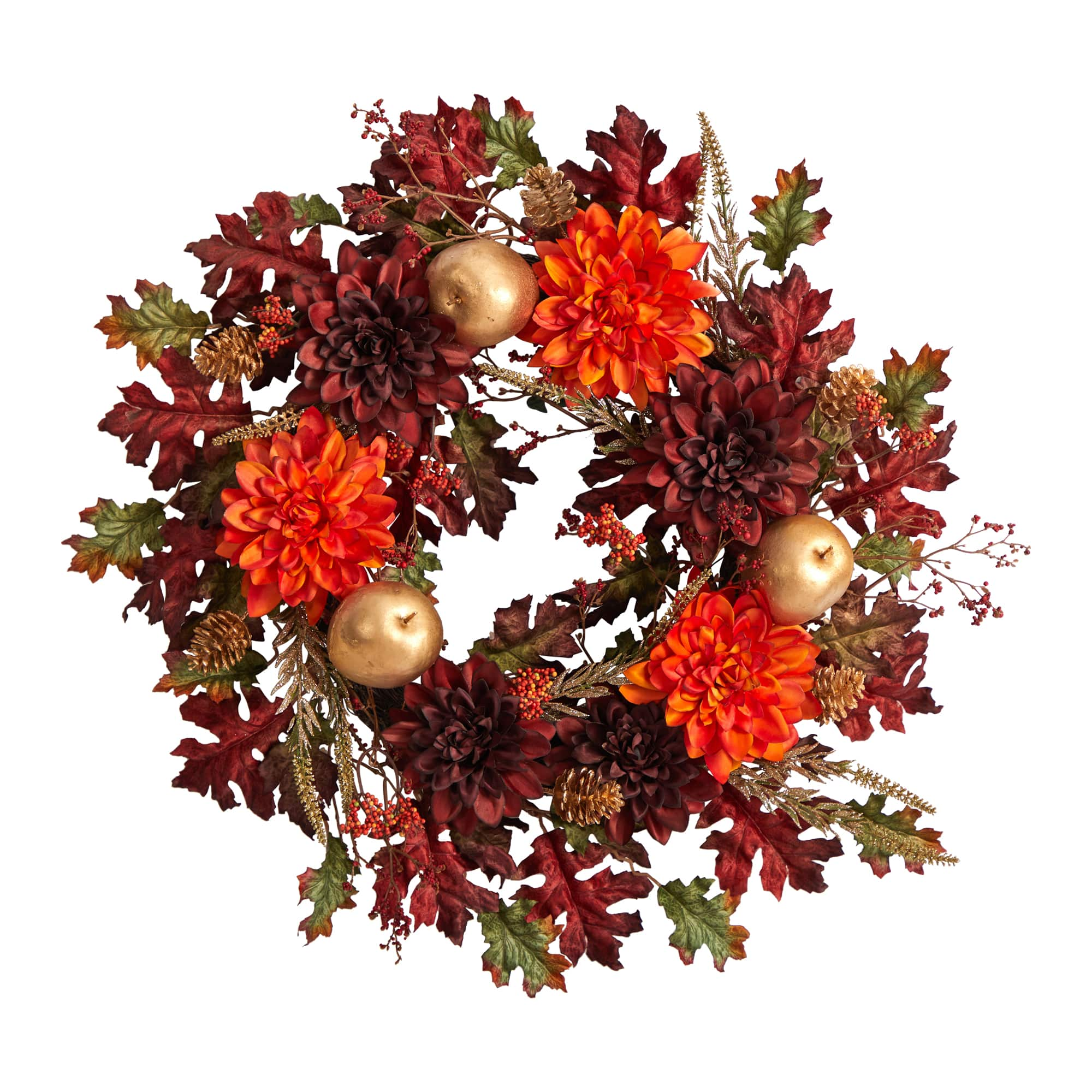 24&#x22; Fall Dahlia, Golden Apple, Oak Leaf &#x26; Berries Autumn Artificial Wreath